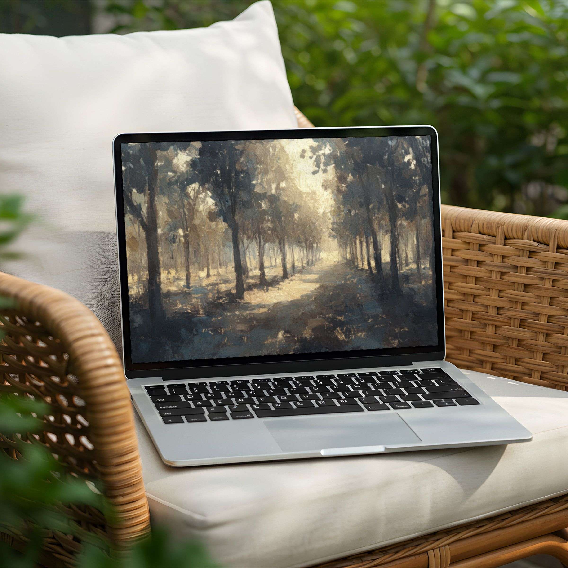 Elegant forest path digital art desktop background on a Laptop for instant download brings calm and inspiration to your PC setup
