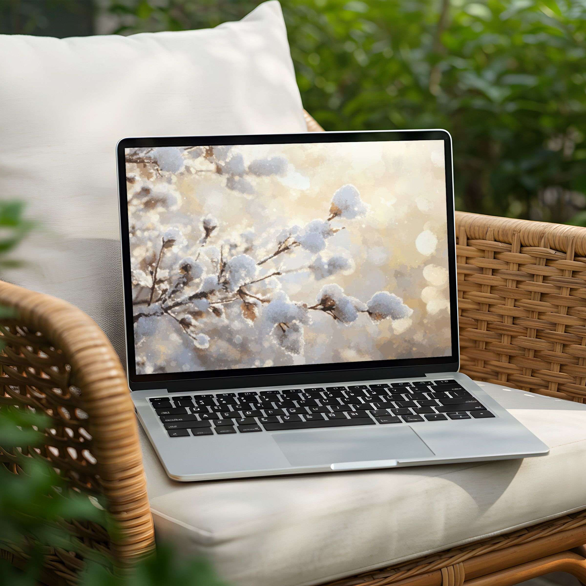 Elegant snow-covered branches evoke calm and inspiration, perfect for a winter-themed desktop background instant download for PC or Laptop