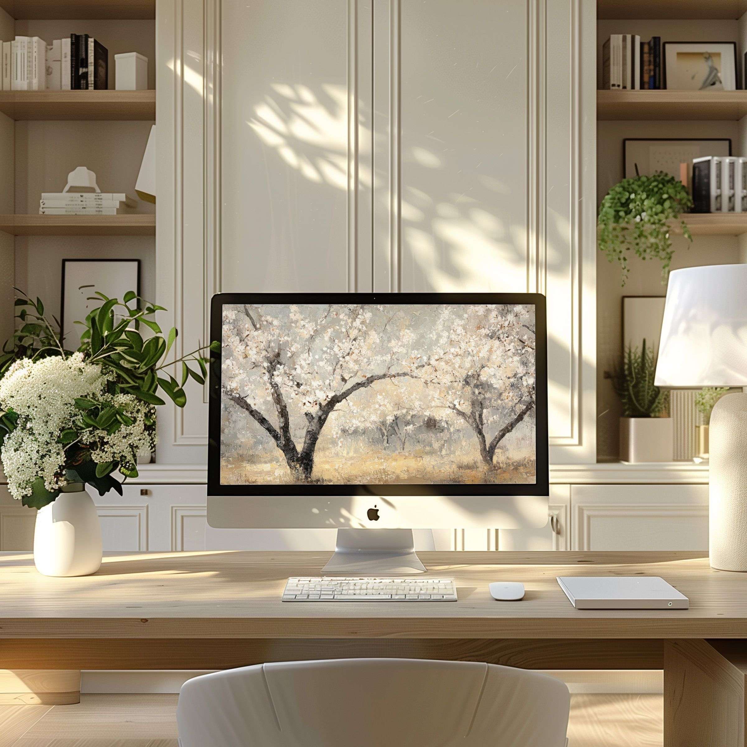 Inspire calm and elegance with this serene cherry blossom wallpaper for computer perfect for PC and Laptop modern decor