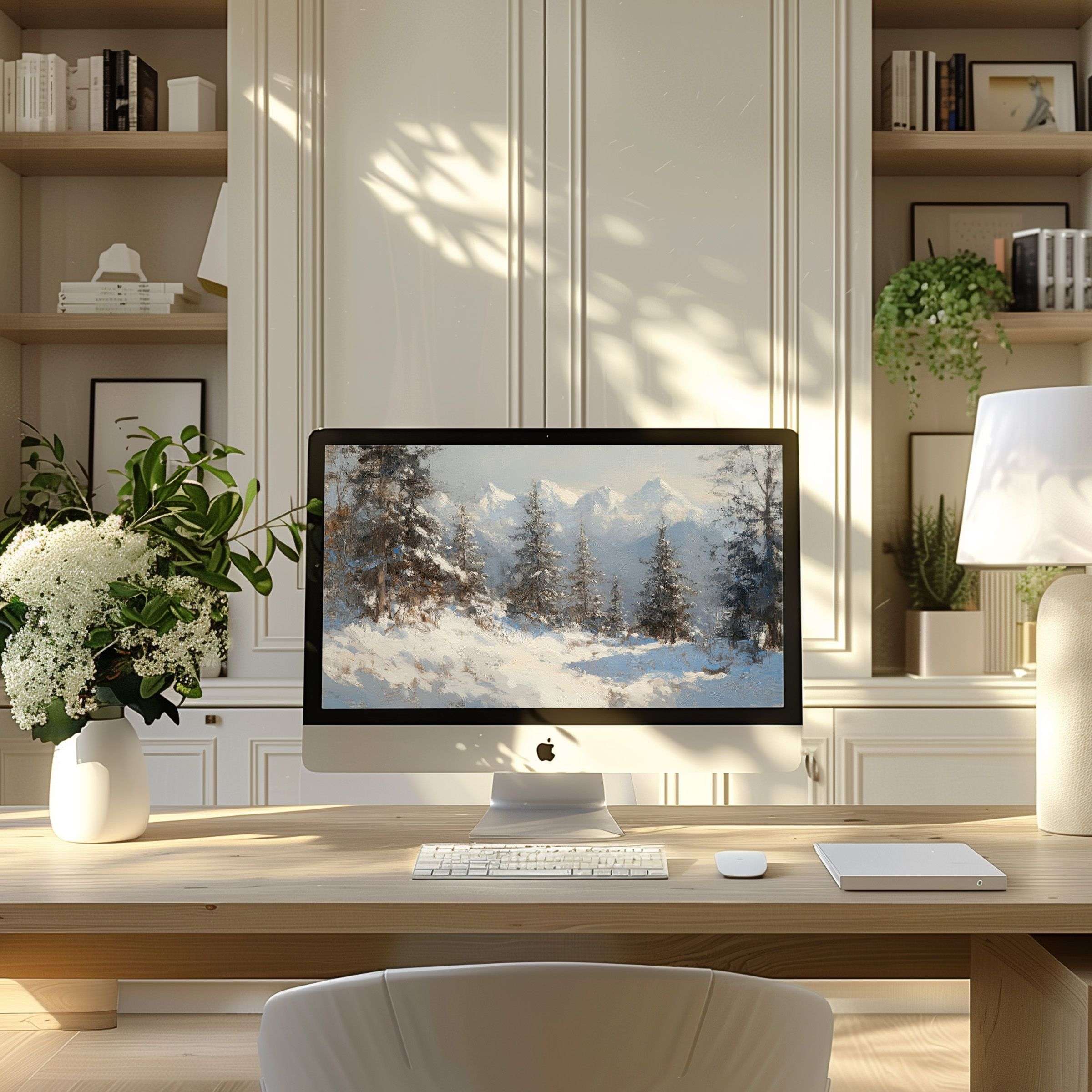 Elegant winter landscape wallpaper for computer brings calm and inspiration to any modern home office on PC or Laptop screens
