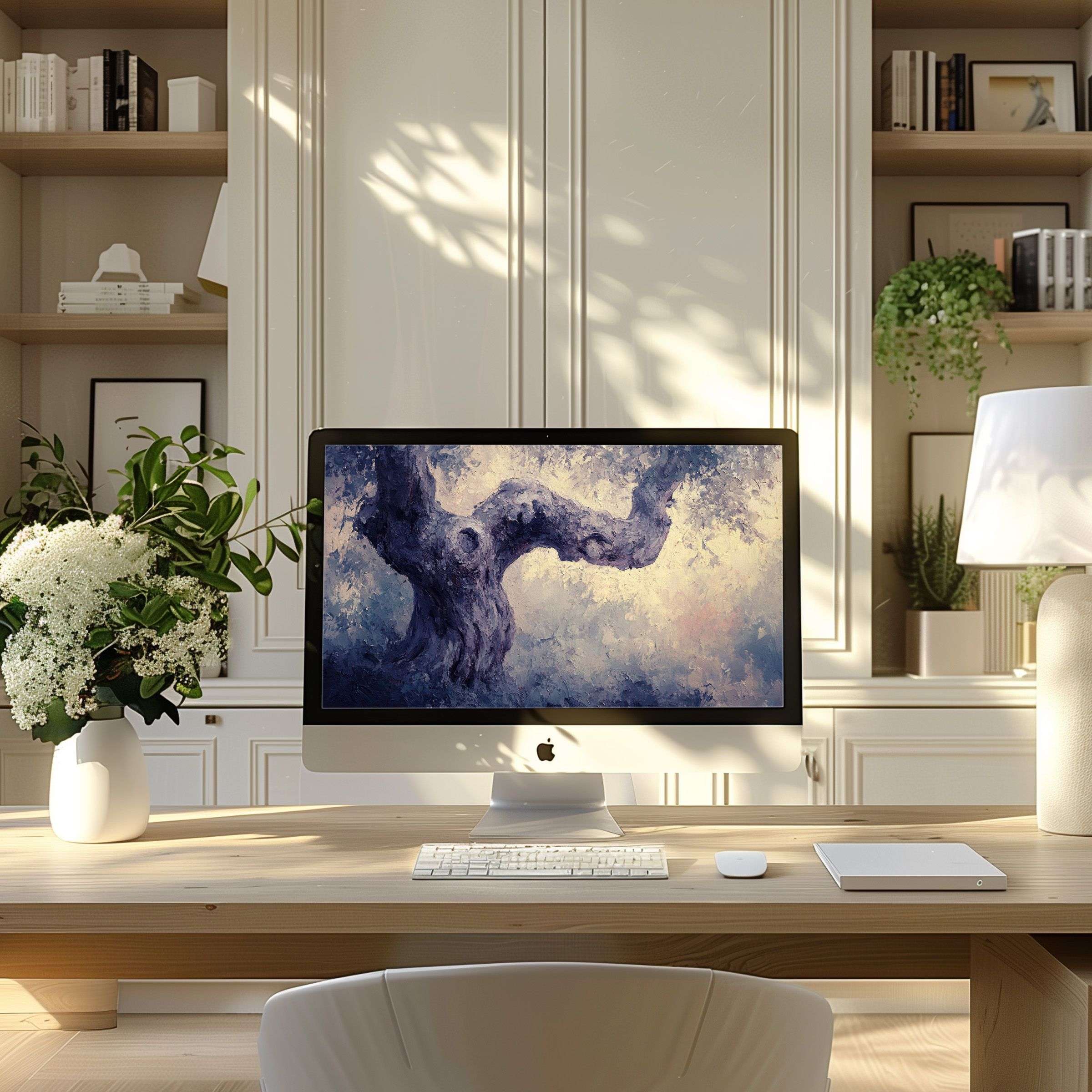 Elegant abstract tree wallpaper for computer, PC, laptop in serene home office setting inspires calm and sophistication, digital download
