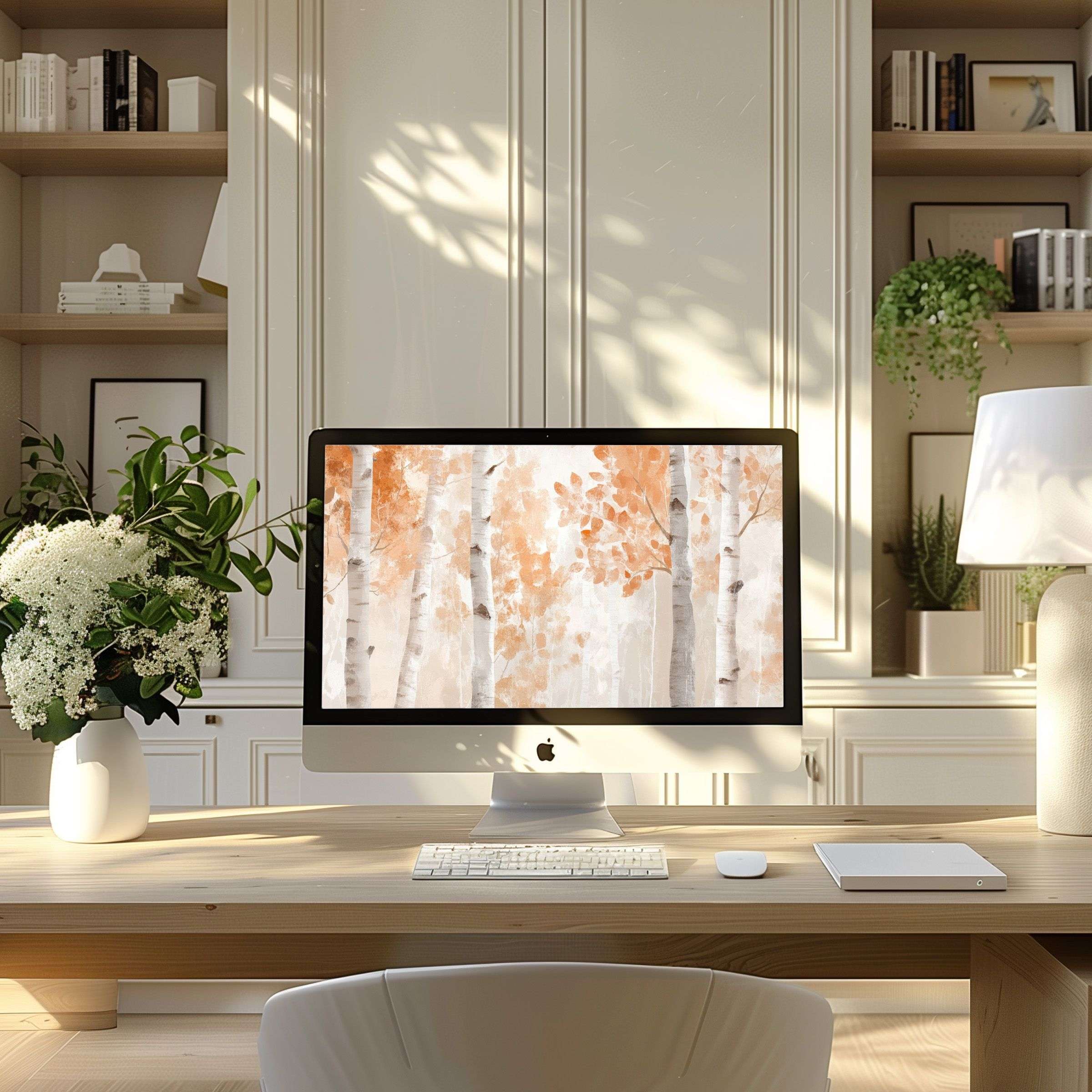 Elegant birch tree watercolor wallpaper for computer, perfect for PC or Laptop, enhances calm in modern home office settings