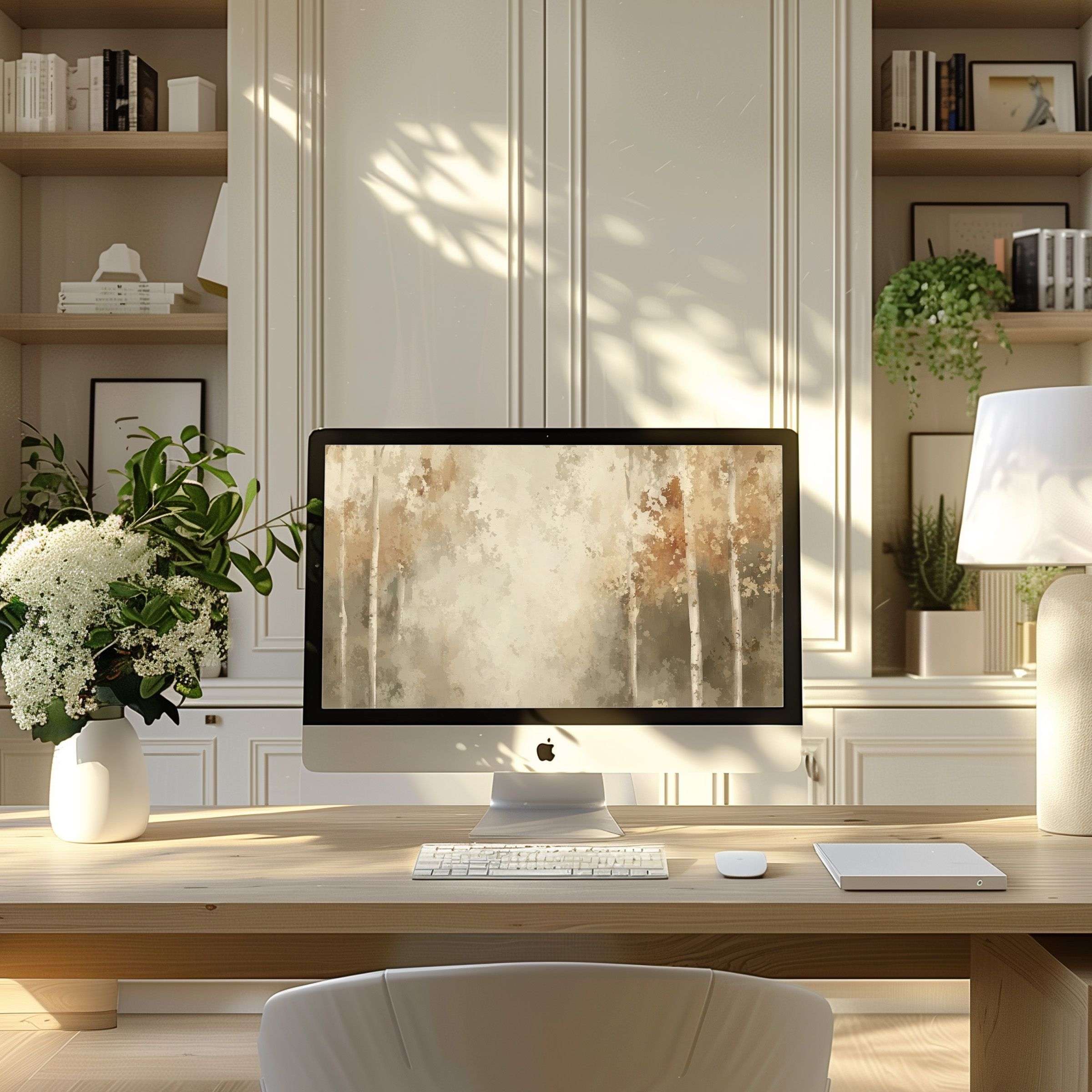 Elegant abstract forest wallpaper for computer showcasing earthy tones, perfect for PC or Laptop in a serene modern home office setting