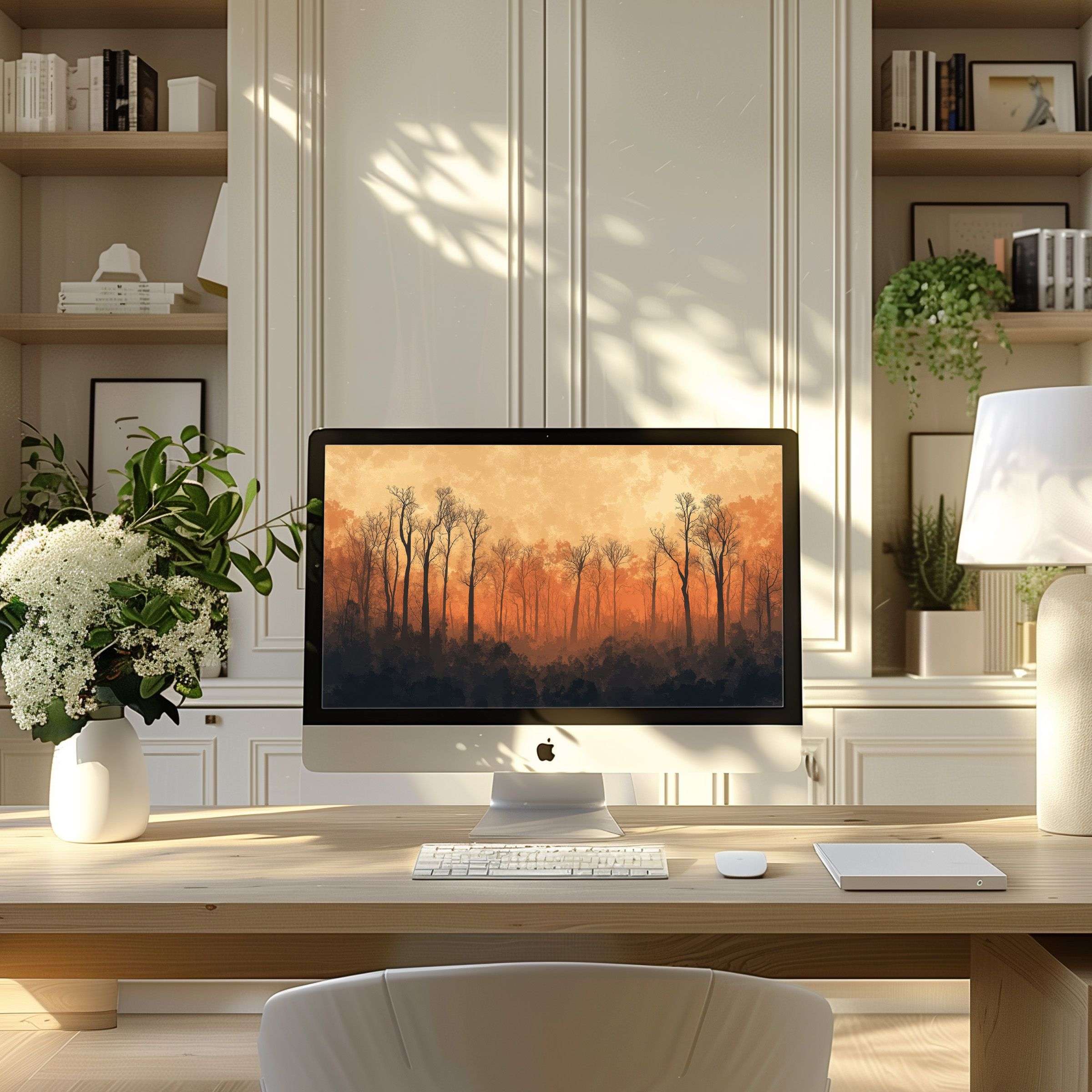 Elegant forest-inspired wallpaper for computer enhancing modern home office with natural hues, fits PC, laptop, digital download