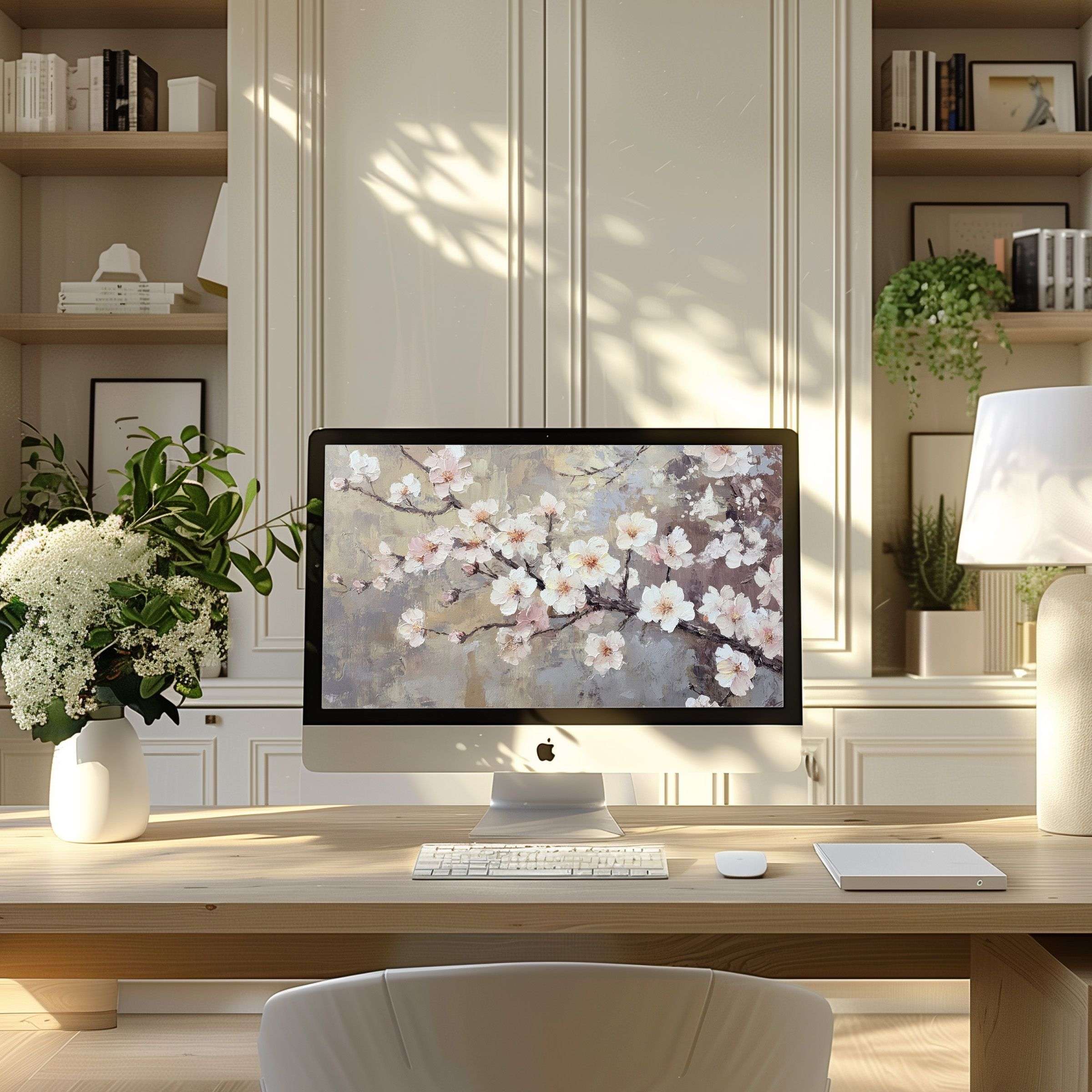 Elegant cherry blossom artwork as wallpaper for computer inspires calm in modern home office; ideal for PC, laptop, and digital download