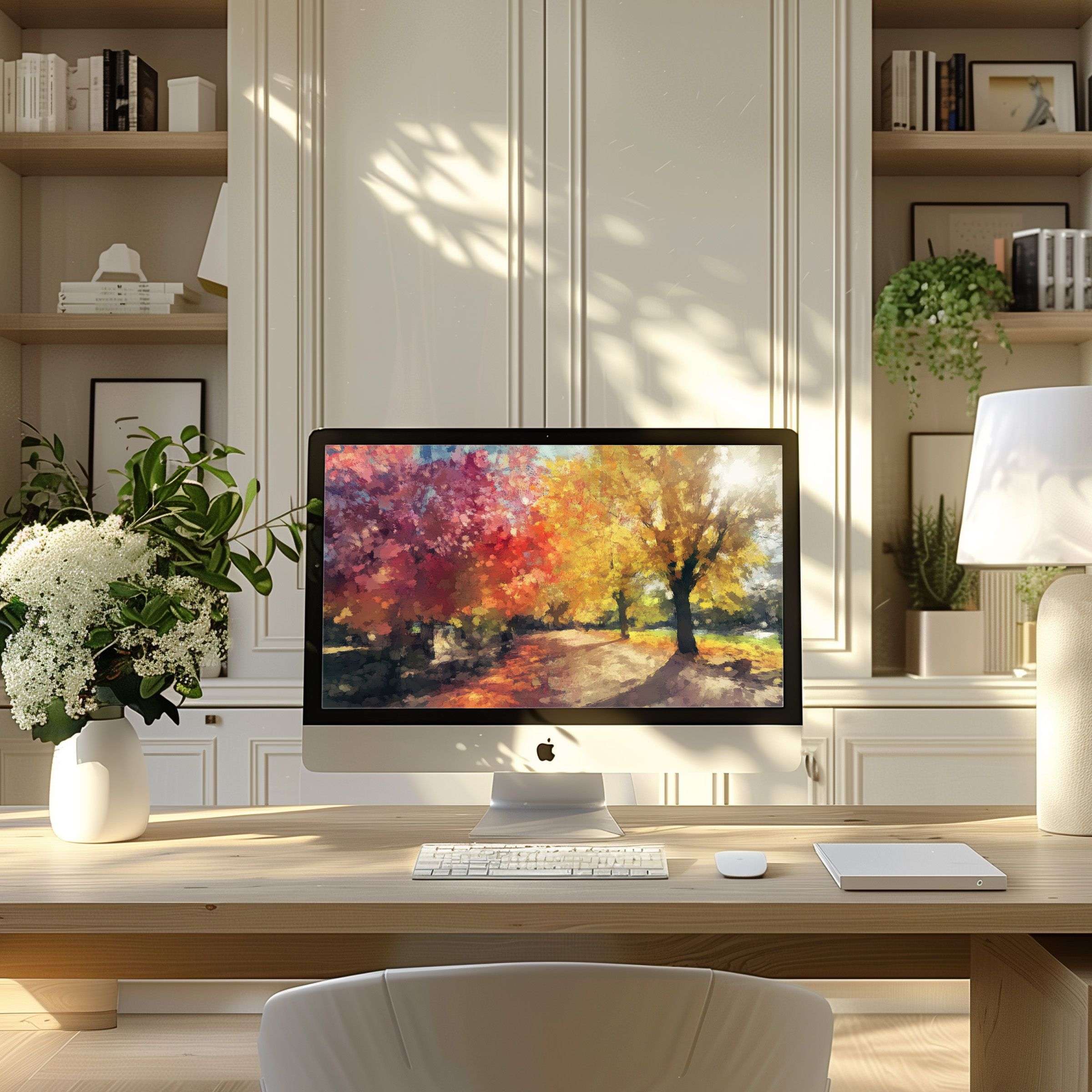 Elegant digital art wallpaper for computer brings autumn serenity to any modern PC or laptop home office setup