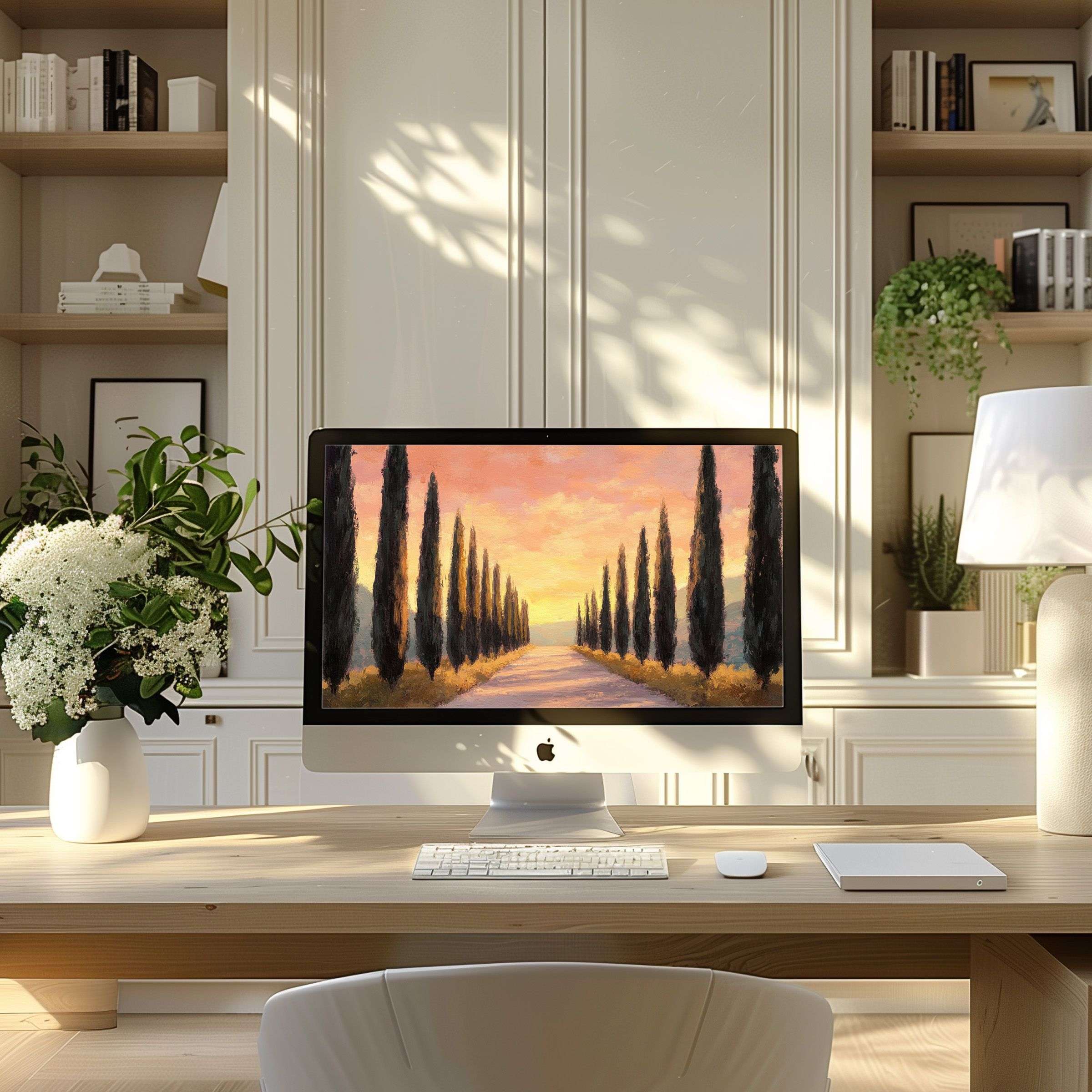 Elegant sunset landscape wallpaper for computer brings calm and inspiration to a modern home office on PC or Laptop display