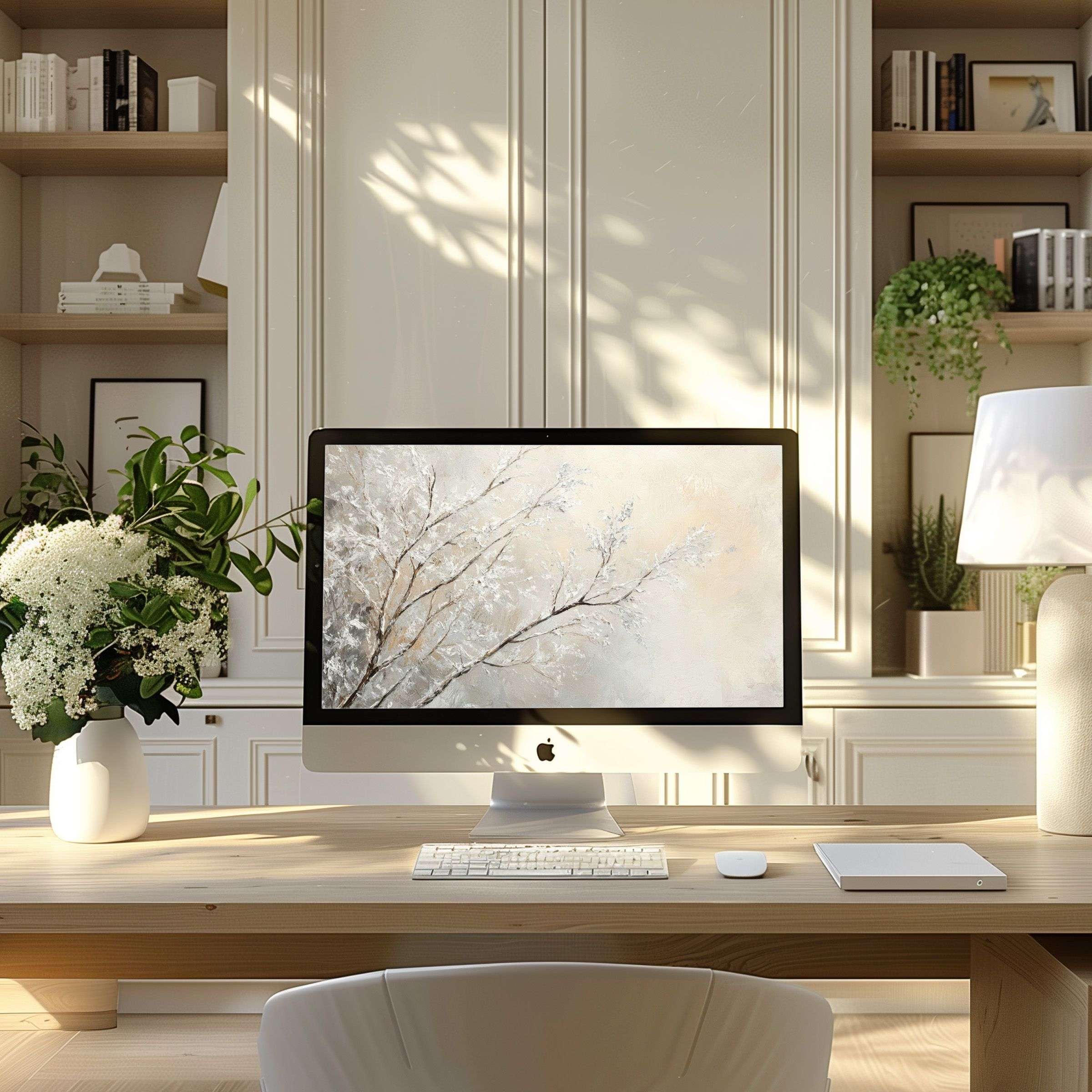 Calming winter branches digital art, perfect as elegant wallpaper for computer, PC, or laptop in a modern home office setting