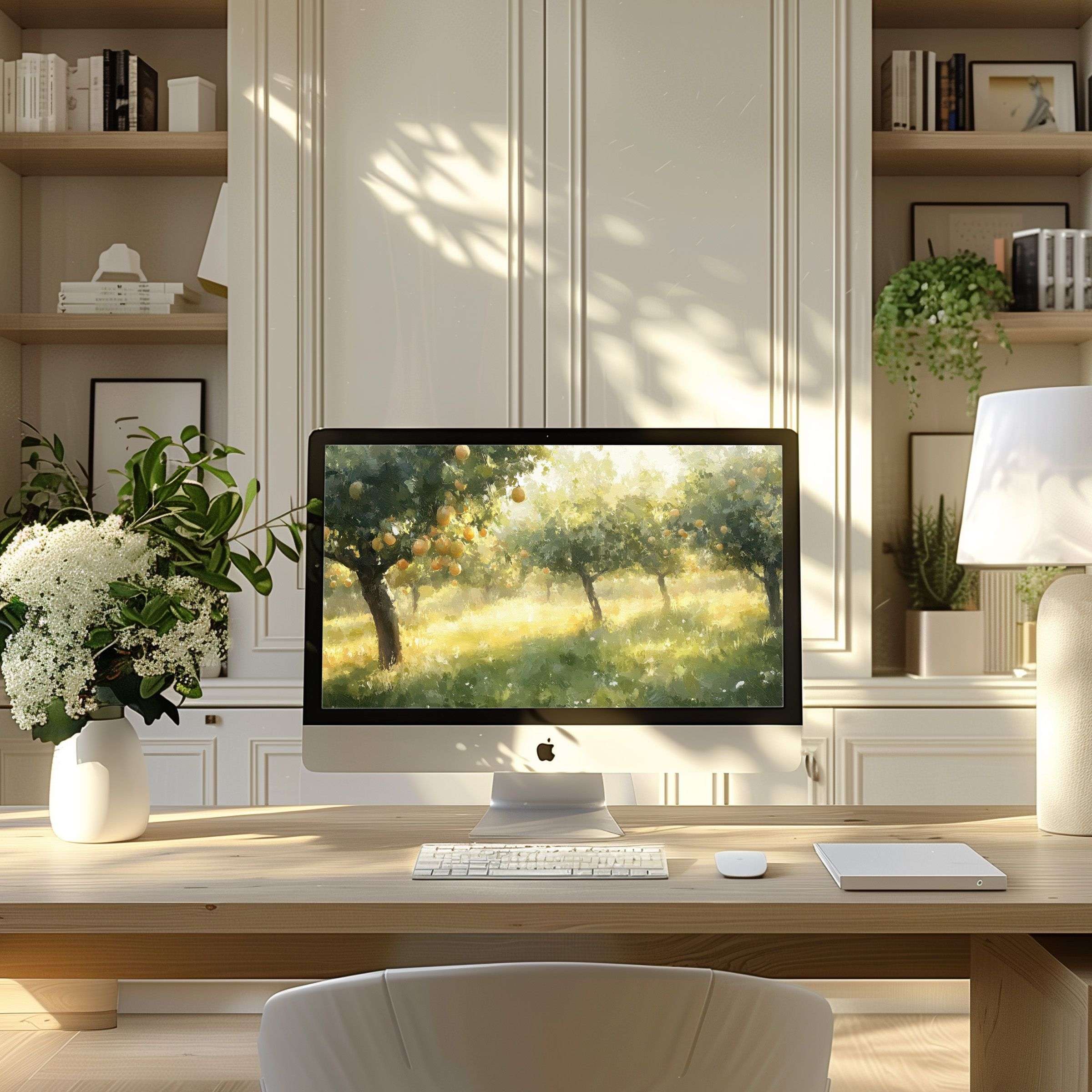 Serene orchard art wallpaper for computer brings calm elegance to any modern home office PC or laptop digital download