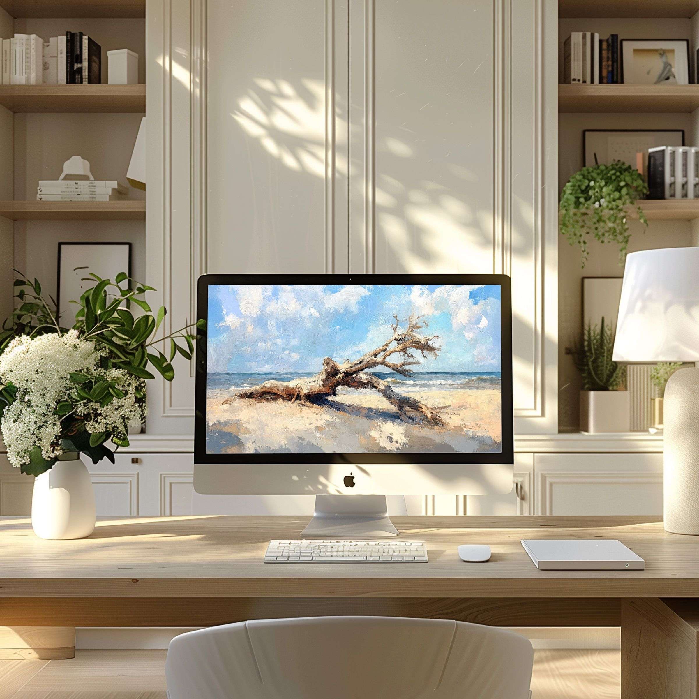Elegant digital art wallpaper for computer, PC, and laptop in a serene home office inspires calm and beauty, perfect for ultrawide displays