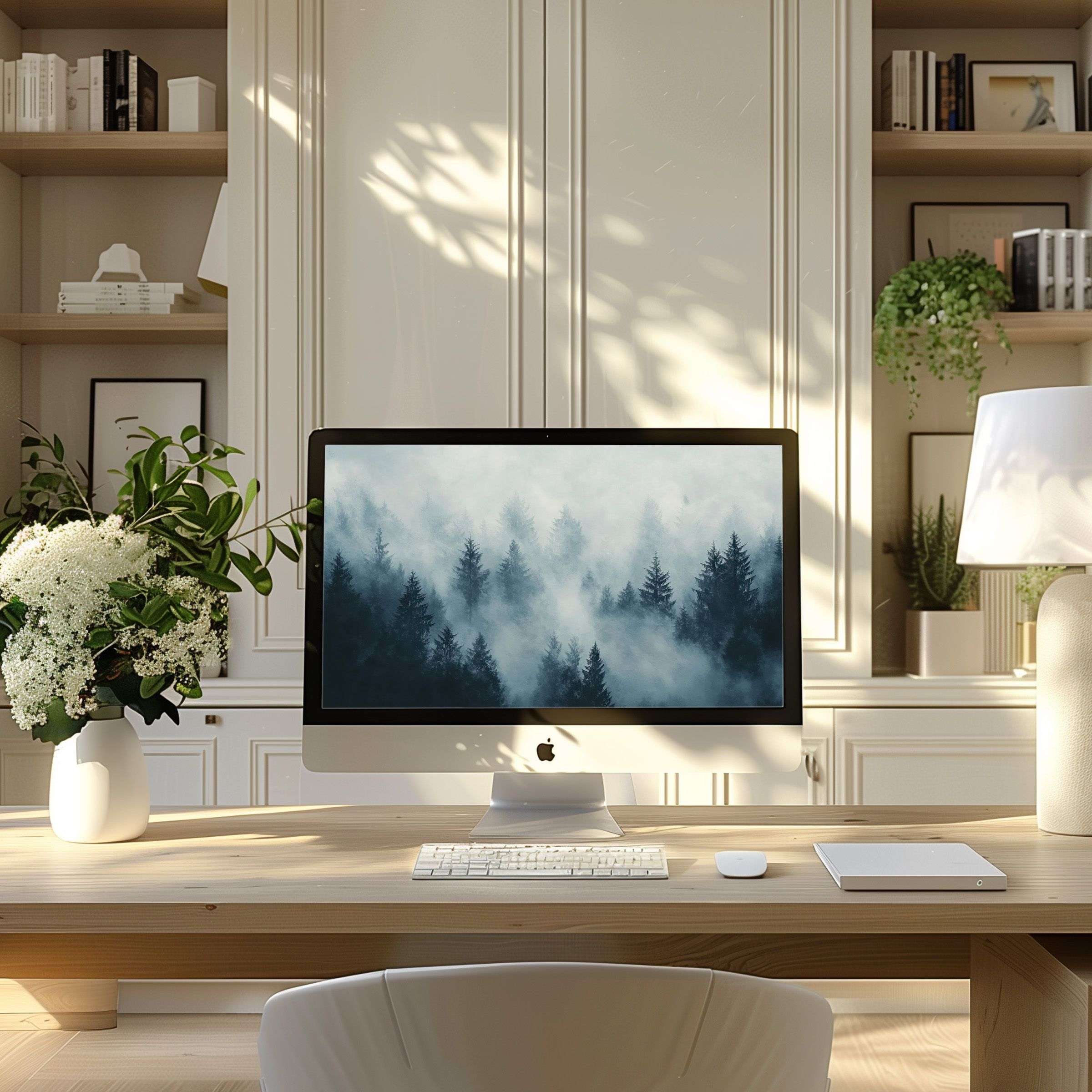 Misty forest wallpaper for computer on a sleek PC in a modern home office setting enhances calm and elegance on any laptop or desktop