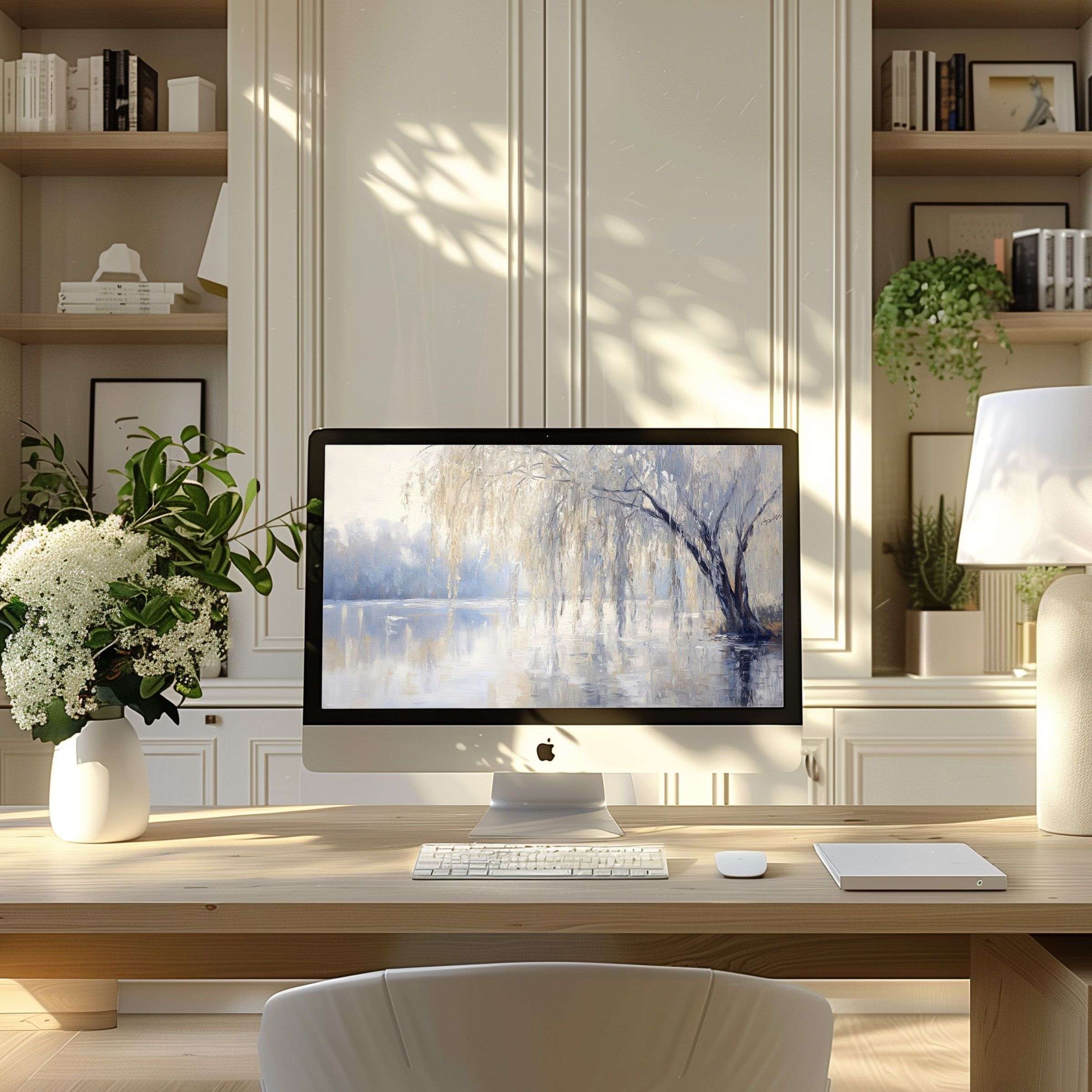 Serene artwork with soft pastel tones as a wallpaper for computer in an elegant modern home office setting, perfect for PC and Laptop