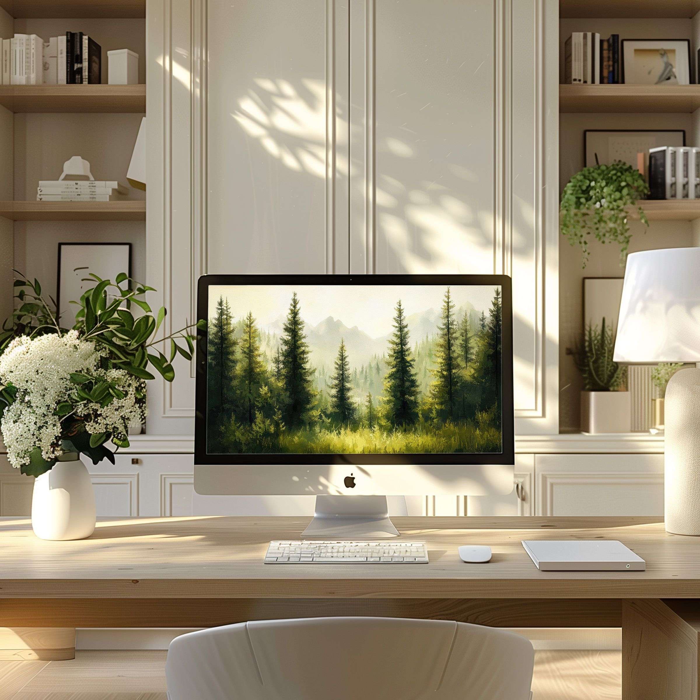 Calming forest wallpaper for computer creates elegant inspiration in a modern office setting perfect for PC and laptop use