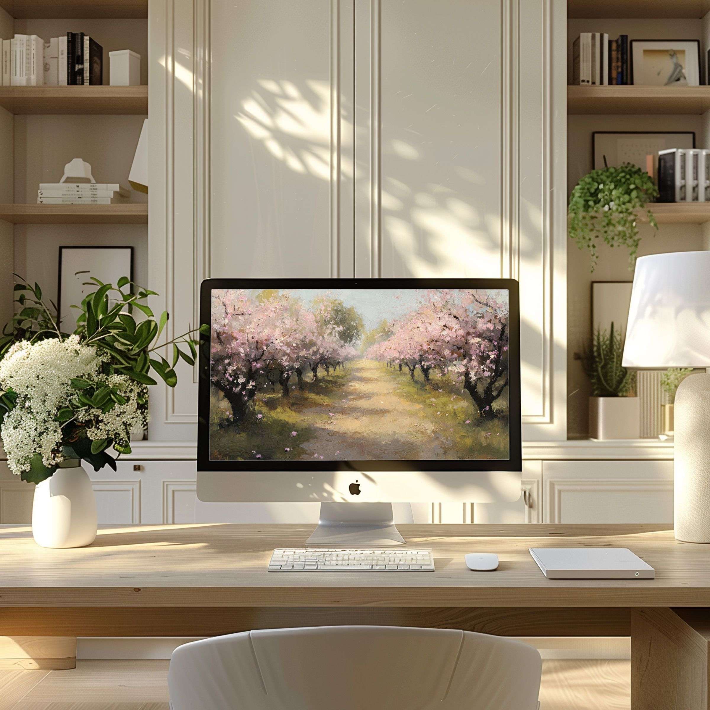 Elegant cherry blossom path artwork, perfect wallpaper for computer, PC, or laptop, inspires calm in a modern home office setting