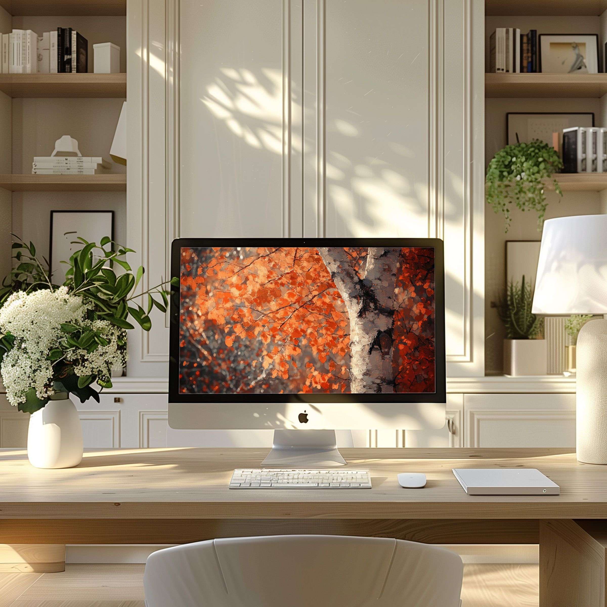 Elegant autumn tree motif wallpaper for computer providing calm inspiration in a modern home office ideal for PC and Laptop users