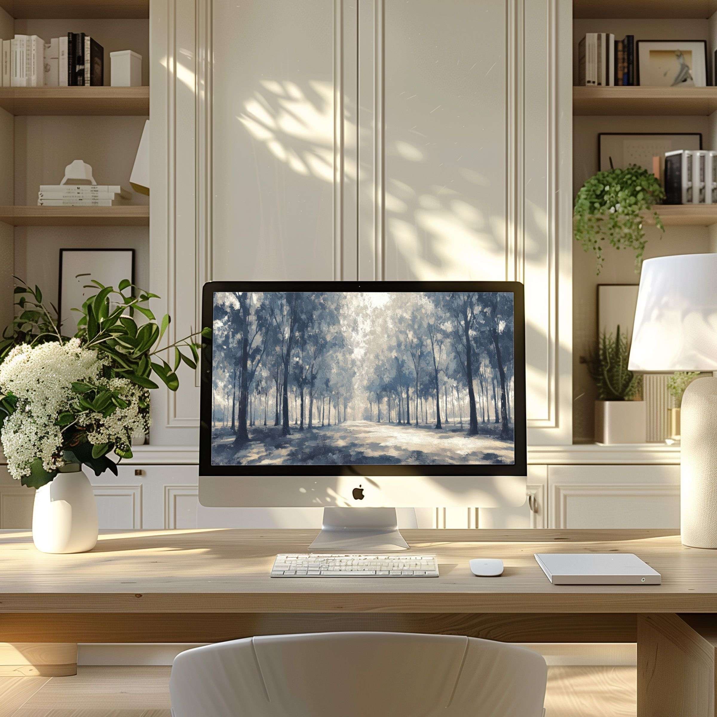 Elegant forest-themed wallpaper for computer inspires calm, fits PC, Laptop, ultrawide in modern home office digital download