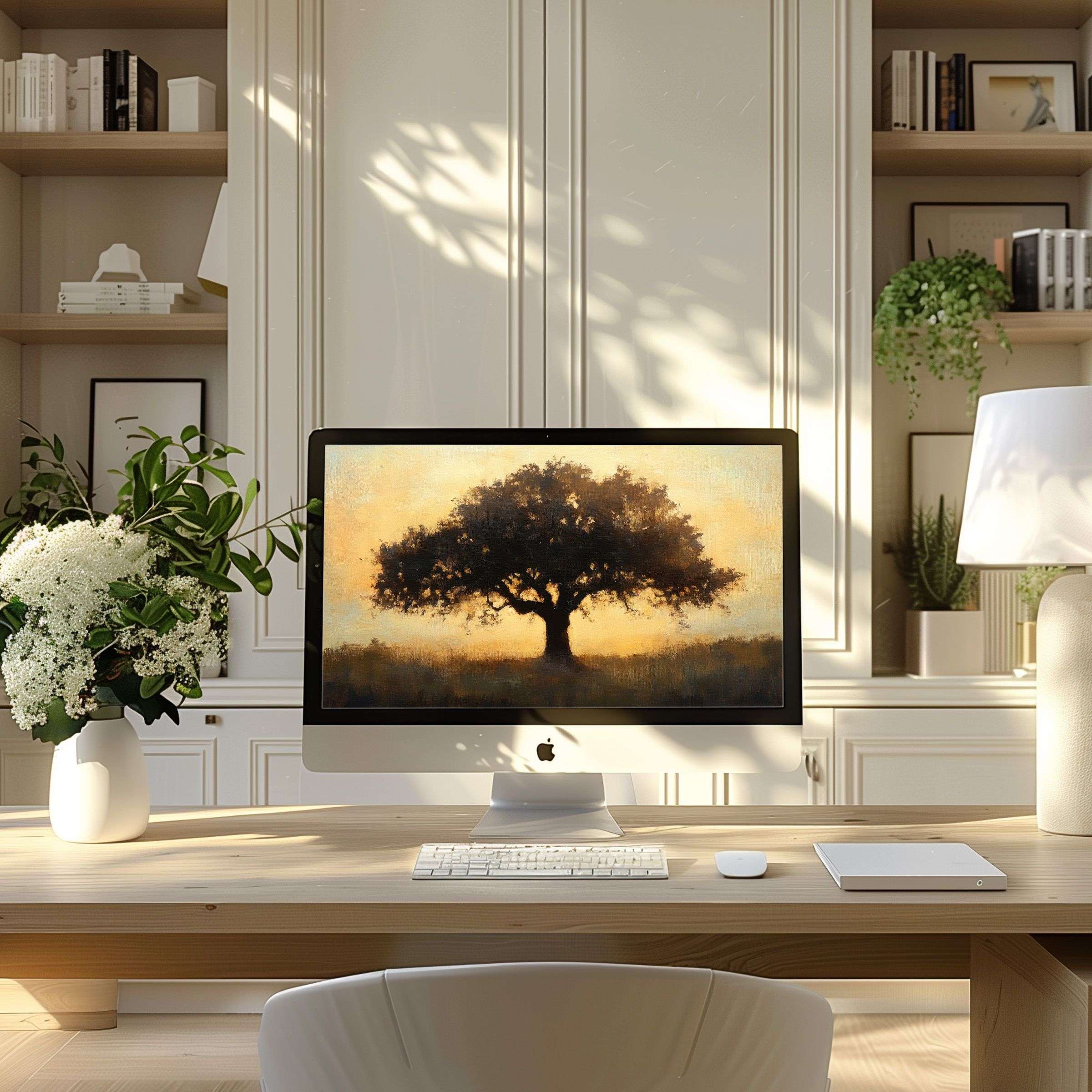 Elegant tree artwork as wallpaper for computer inspires calm in this modern home office; ideal for PC, Laptop, ultrawide use