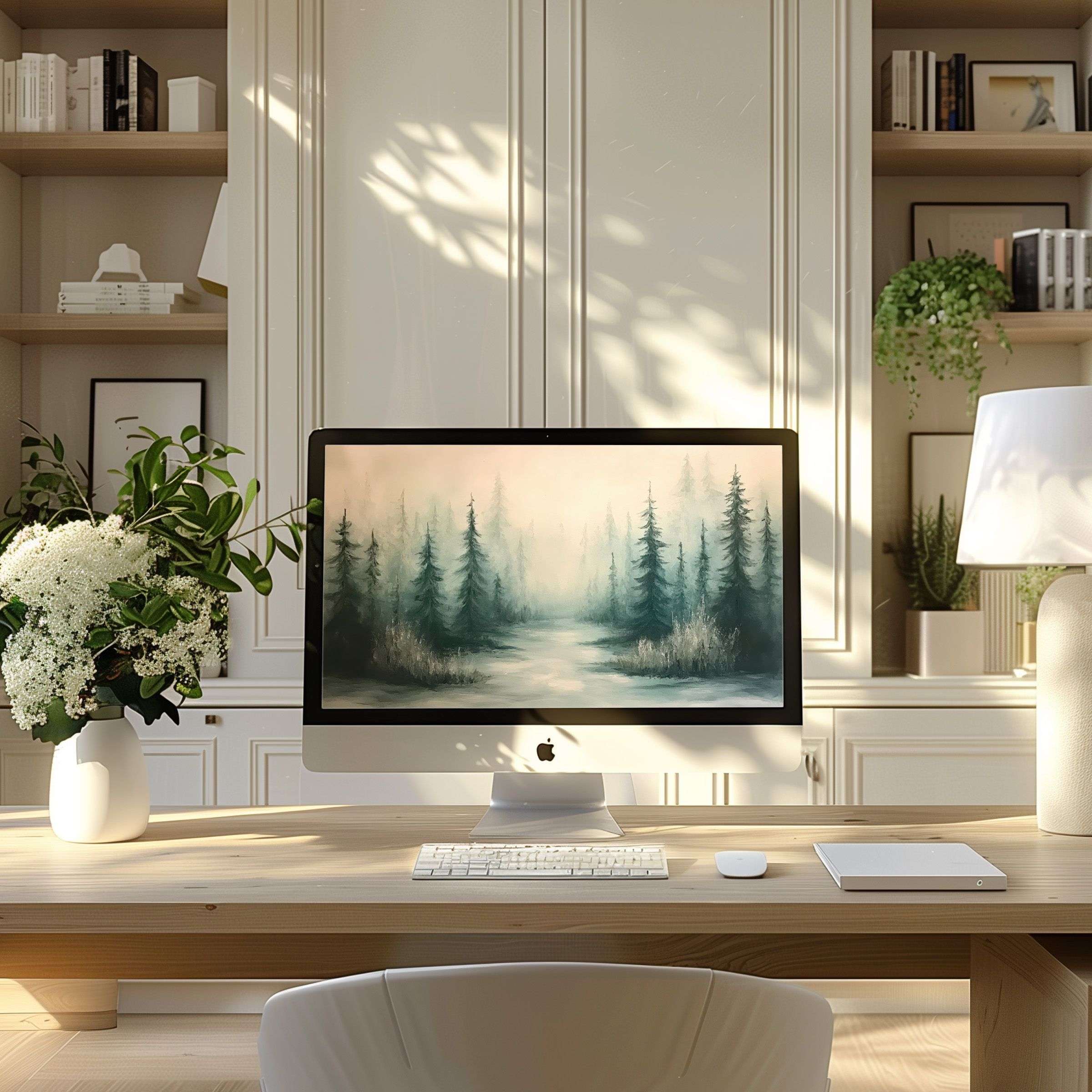 Elegant forest scene as wallpaper for computer, PC, or laptop in modern home office brings calm, inspiration, and aesthetic charm