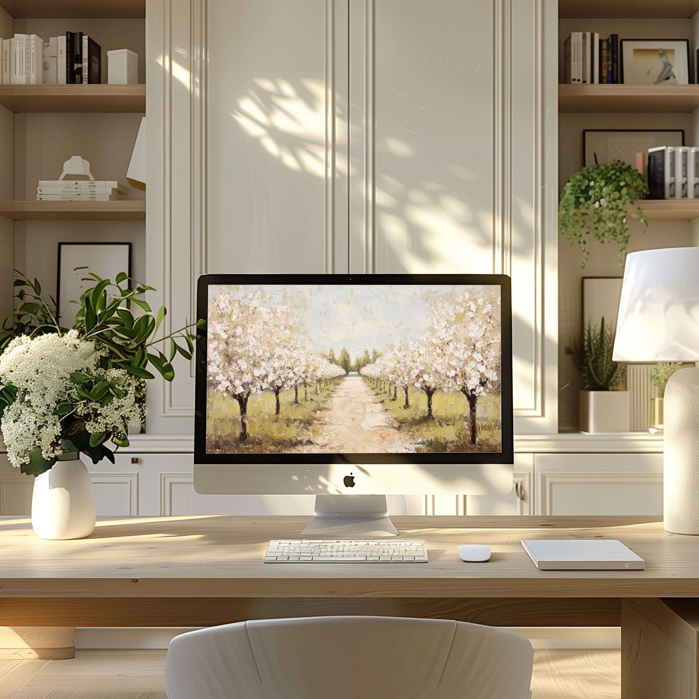 Elegant orchard painting as wallpaper for computer in modern home office, fits PC and laptop, inspires calm and sustainability