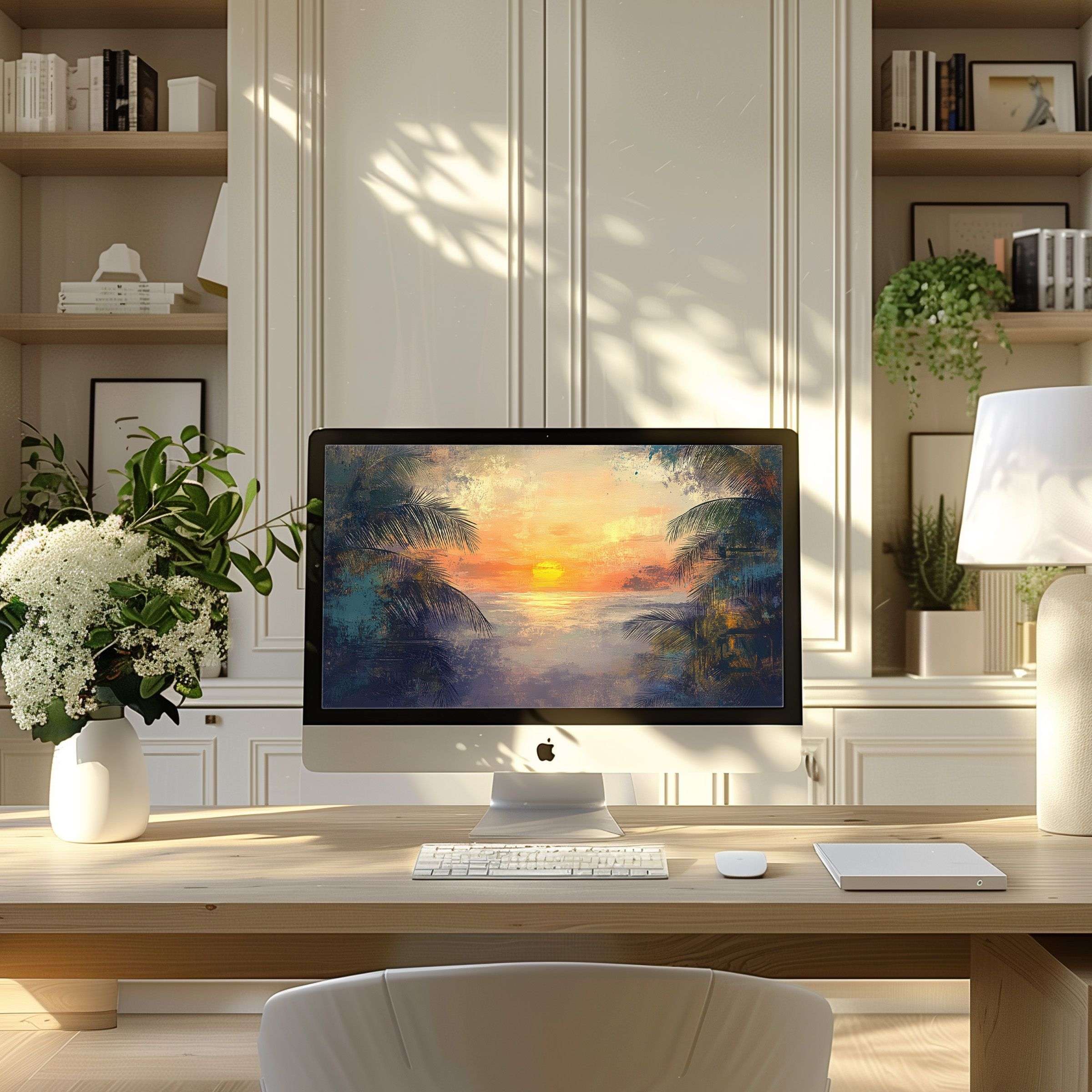 Elegant sunset art wallpaper for computer enhances your modern home office, inspiring calm on PC, laptop; digital download available