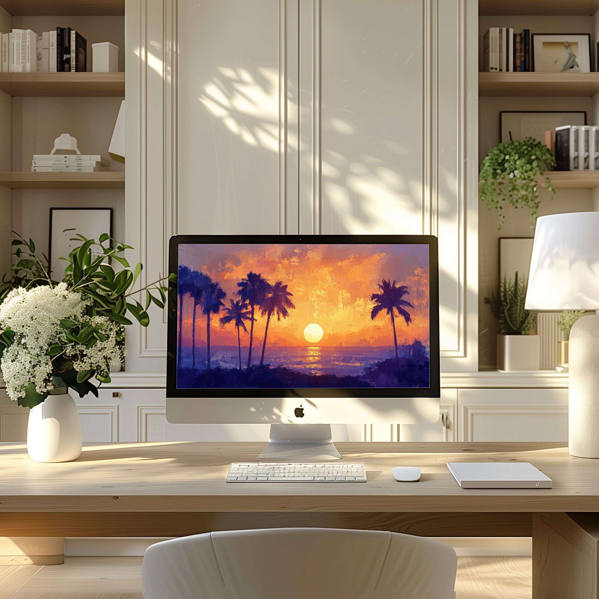 Elegant sunset palm art as a wallpaper for computer, PC, or laptop in a modern home office inspires calm, ideal for digital download