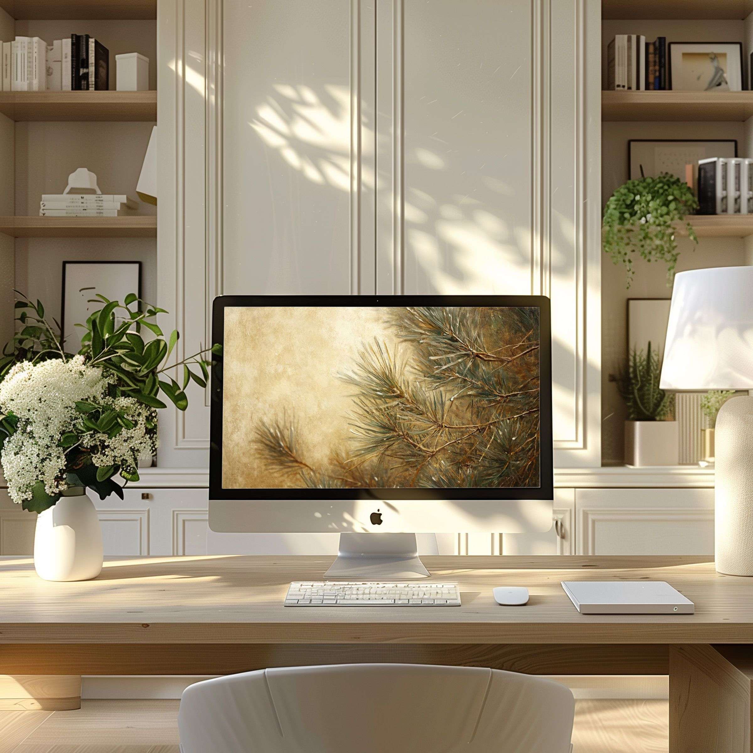 Elegant wallpaper for computer showcasing serene pine branches perfect for PC or laptop digital download in a modern home office
