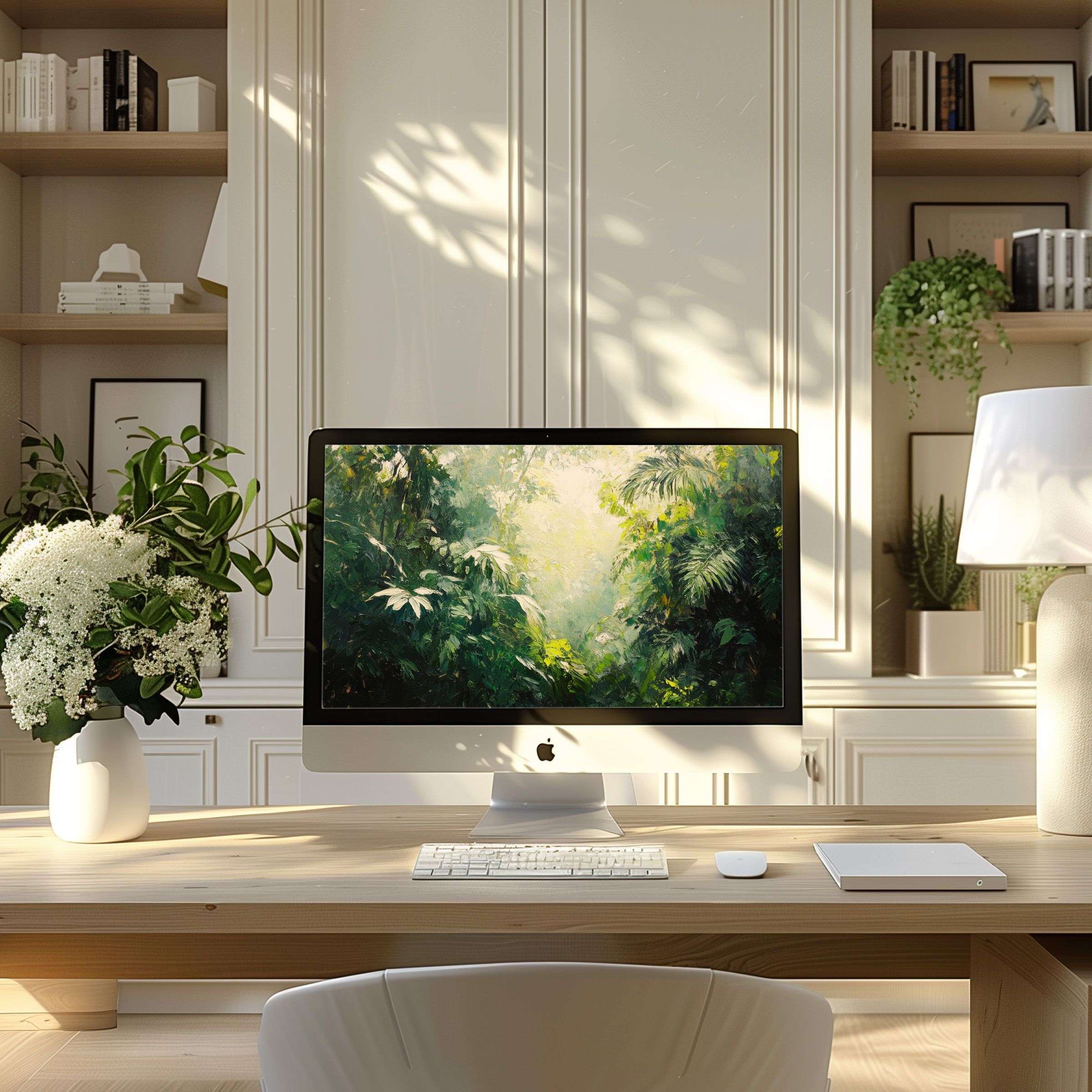 Elegant green jungle wallpaper for computer enhances your modern home office decor inspiring calm on PC and Laptop screens
