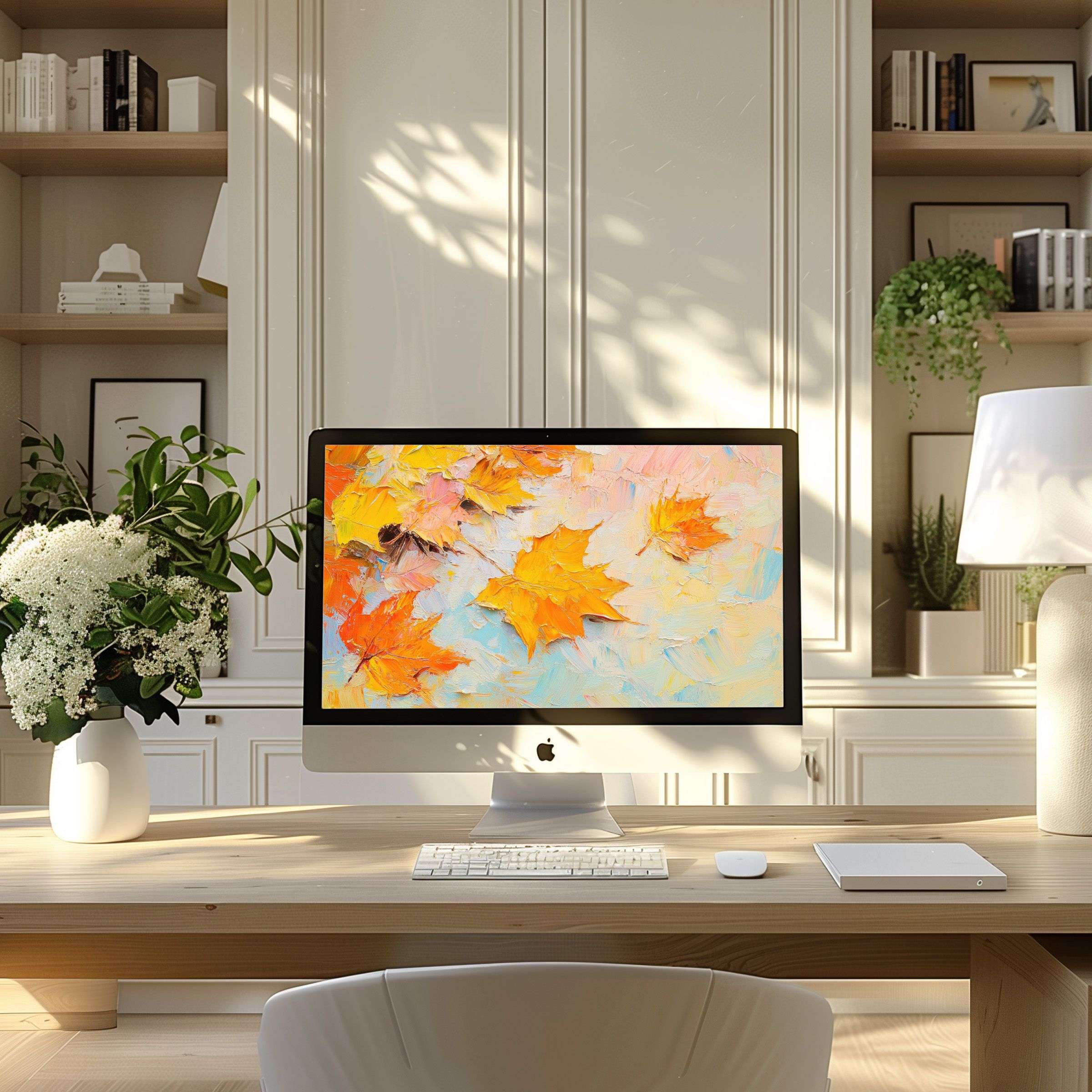 Calm autumn leaf digital art wallpaper for computer on PC and Laptop inspires elegance in a modern home office setting