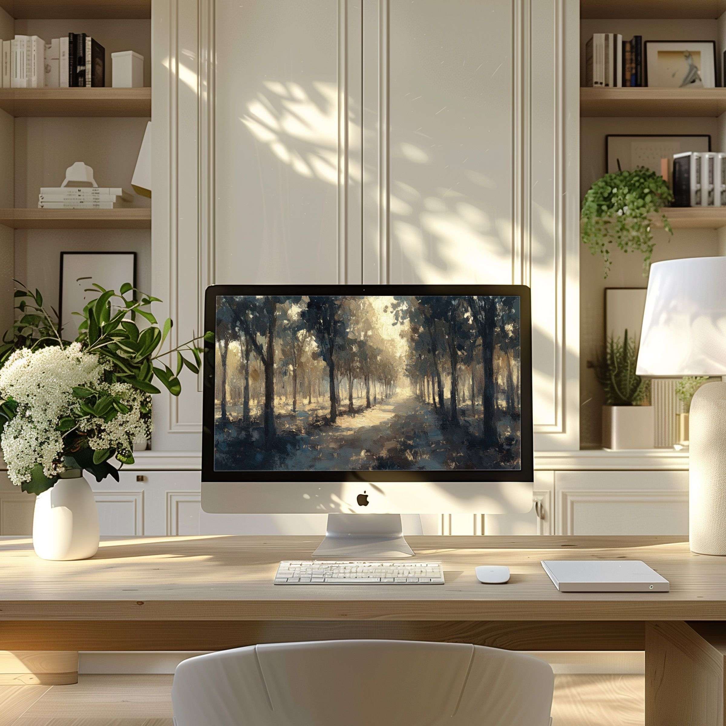 Calming forest path digital art creates an elegant wallpaper for computer, perfect for PC and laptop in modern home office