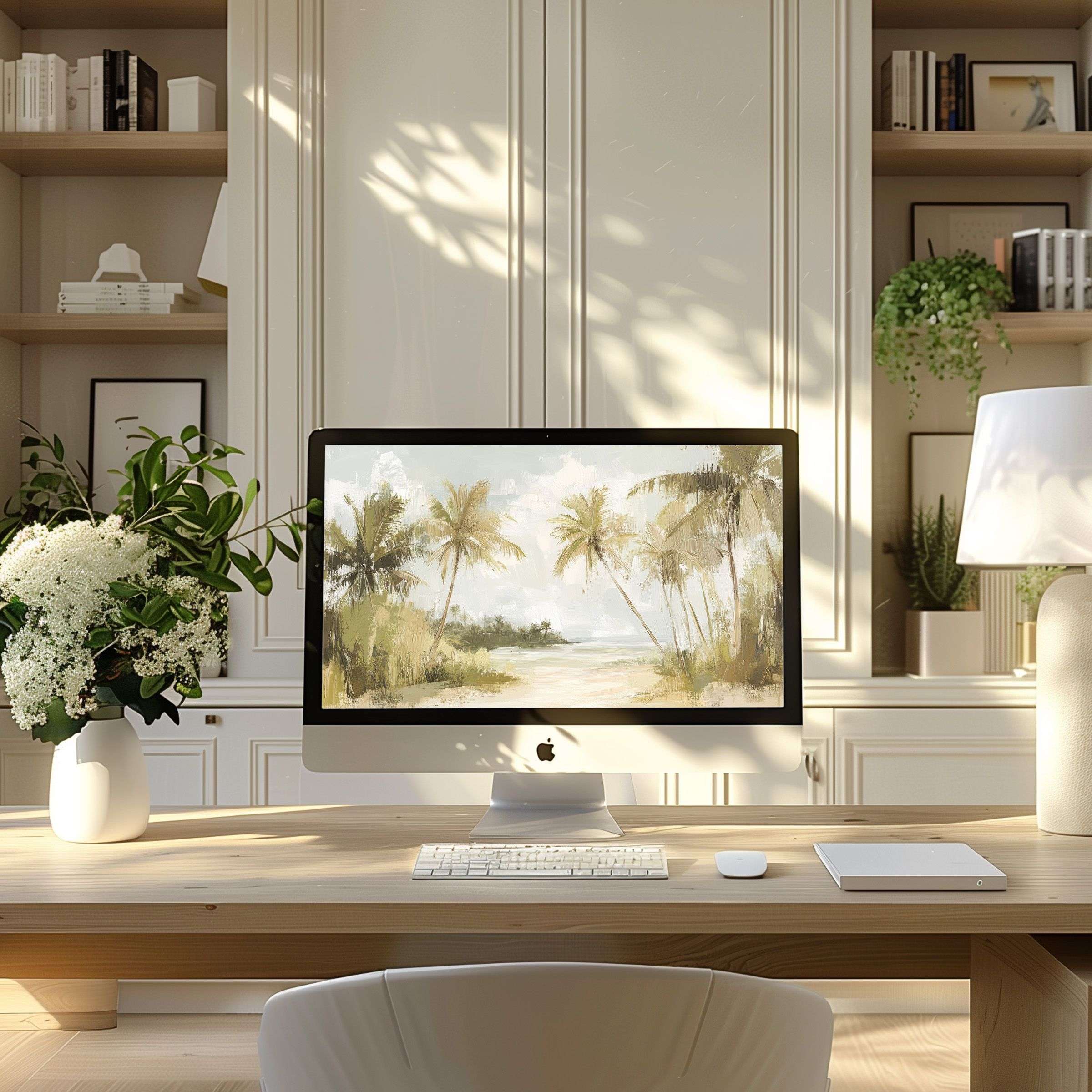 Serene palm beach digital art wallpaper for computer adds elegance to modern home office fitting PC, laptop, ultrawide screens