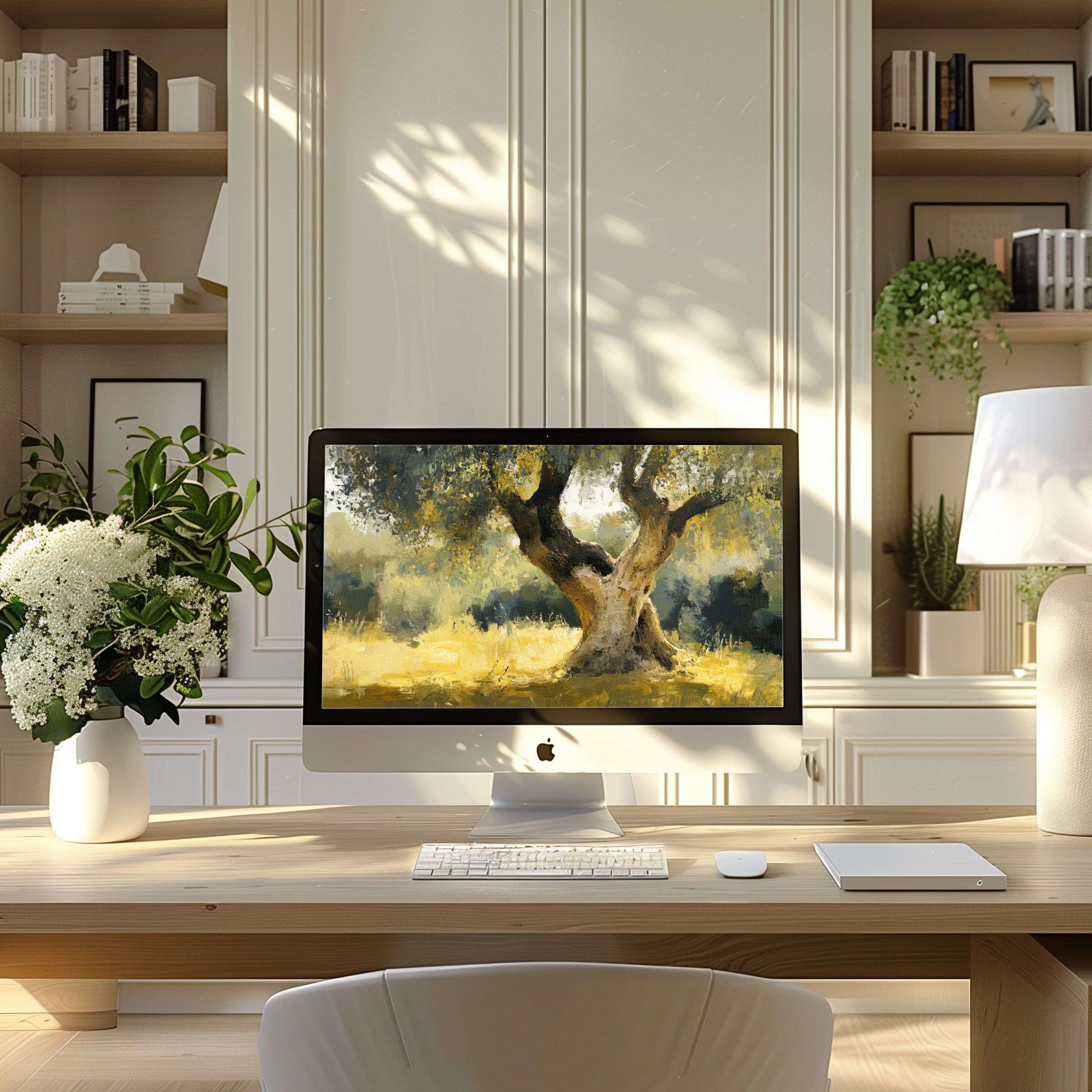 Elegant tree painting as wallpaper for computer adds calm inspiration to a modern home office suitable for PC or laptop use