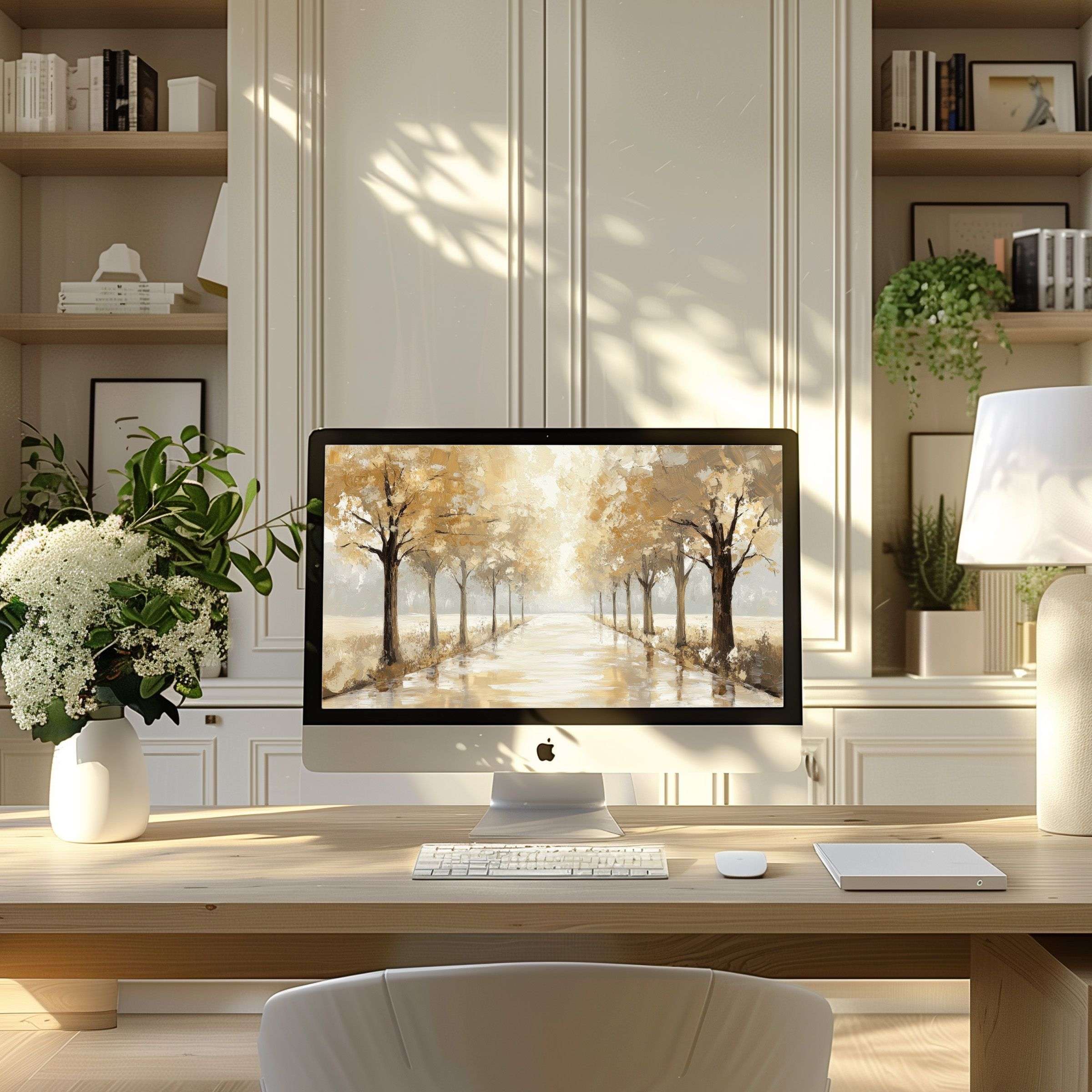 Elegant digital art featuring a serene autumn walkway, perfect wallpaper for computer, PC, laptop, creating calm in any home office
