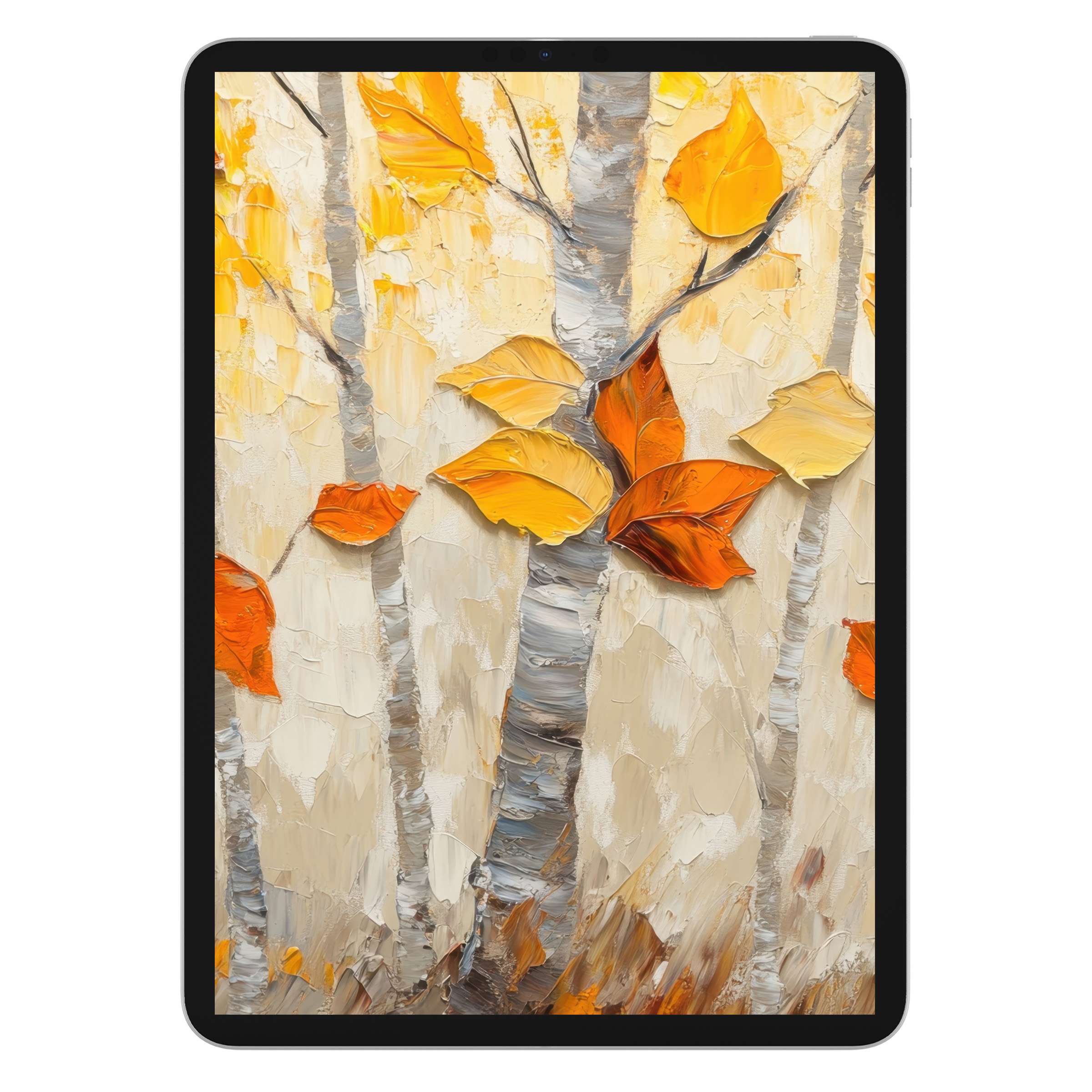 Elegant oil painting of autumn birch trees with orange leaves as tree iPad wallpaper, perfect digital download for tablet background