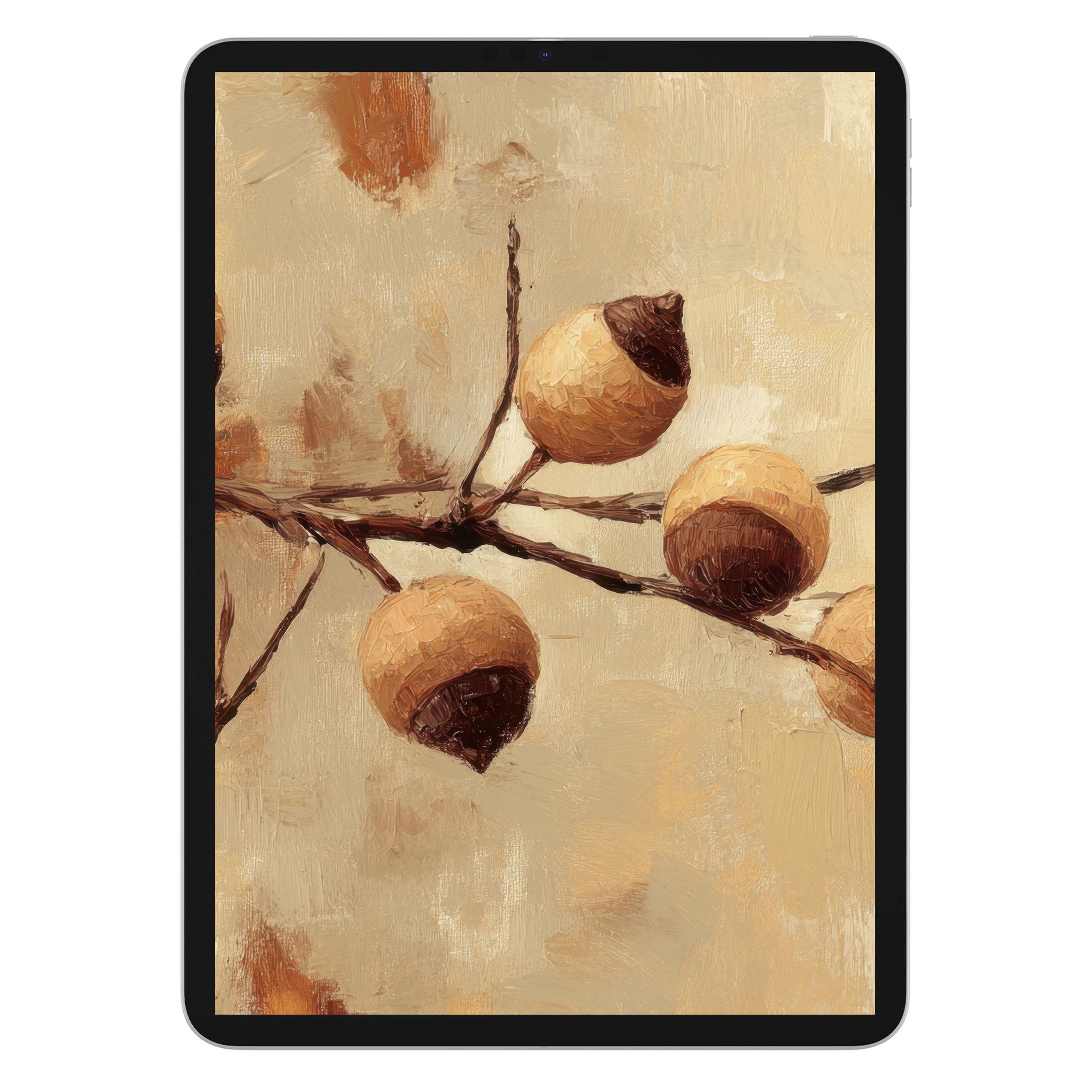Elegant tree iPad wallpaper featuring soothing autumn tones and textured acorns, perfect as a calm digital download background for any tablet