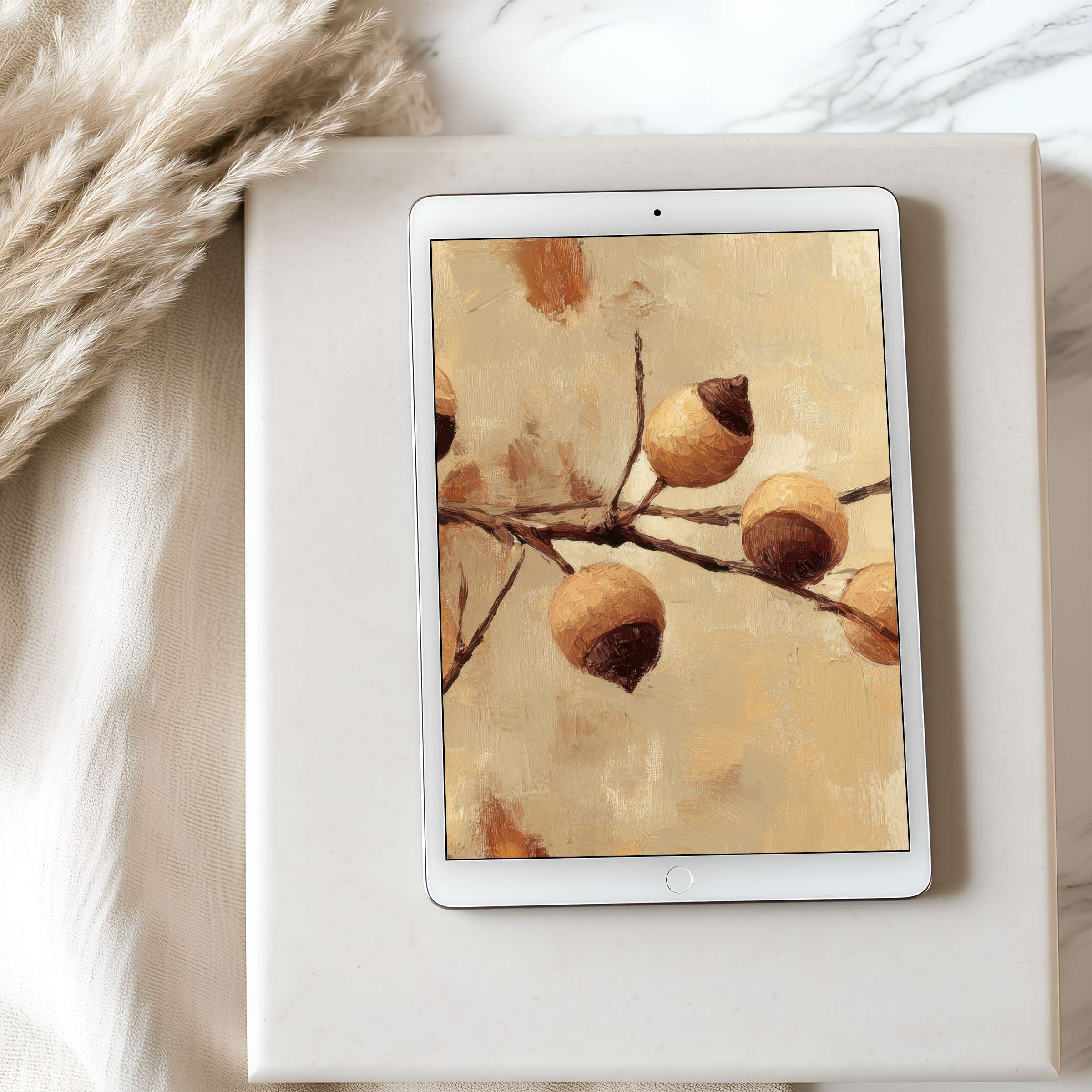 Elegant tablet wallpaper featuring serene acorns in warm hues, perfectly suited for iPad and Android in high resolution download