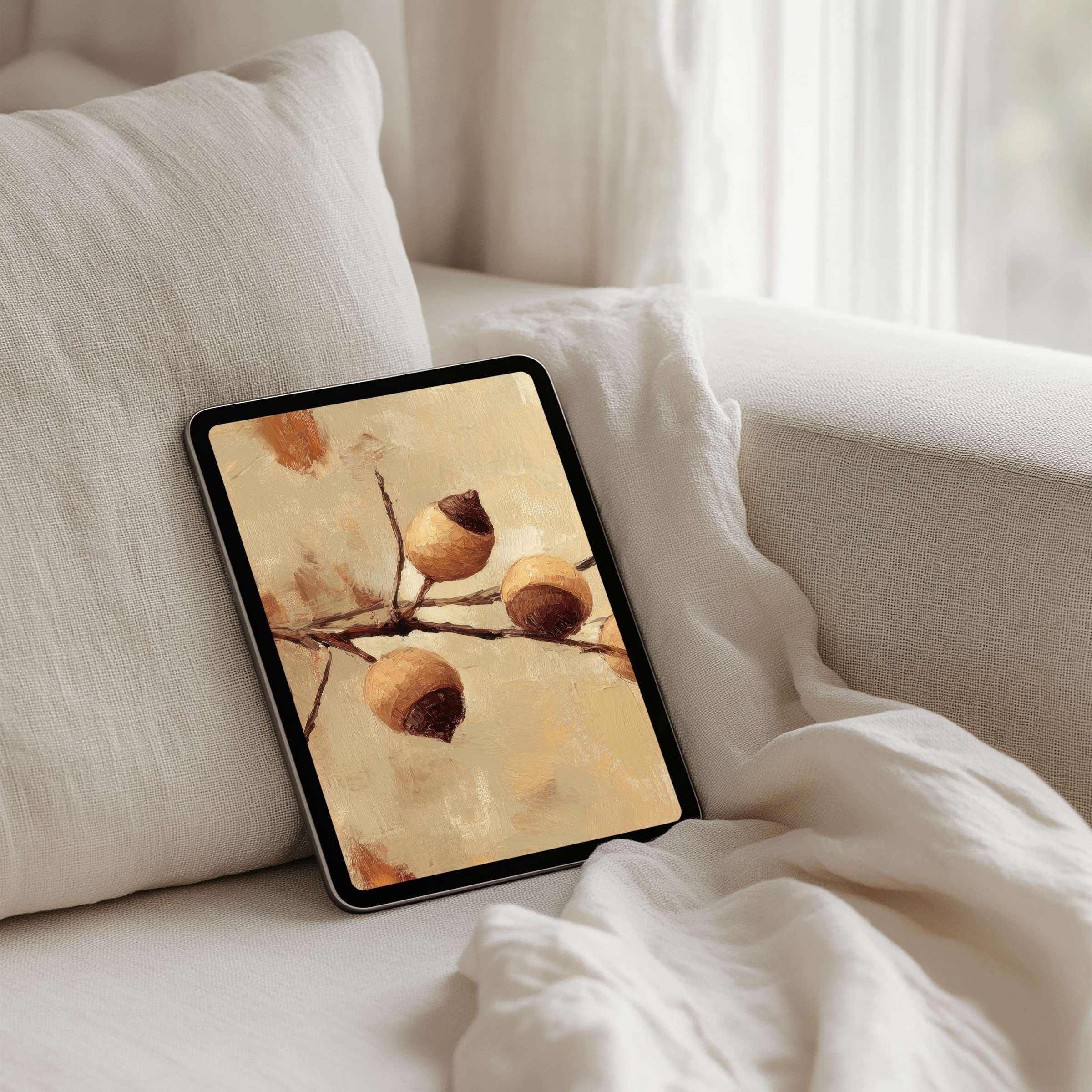 Elegant acorn art iPad background offers calm inspiration for design-conscious tablet users seeking instant download and mindfulness