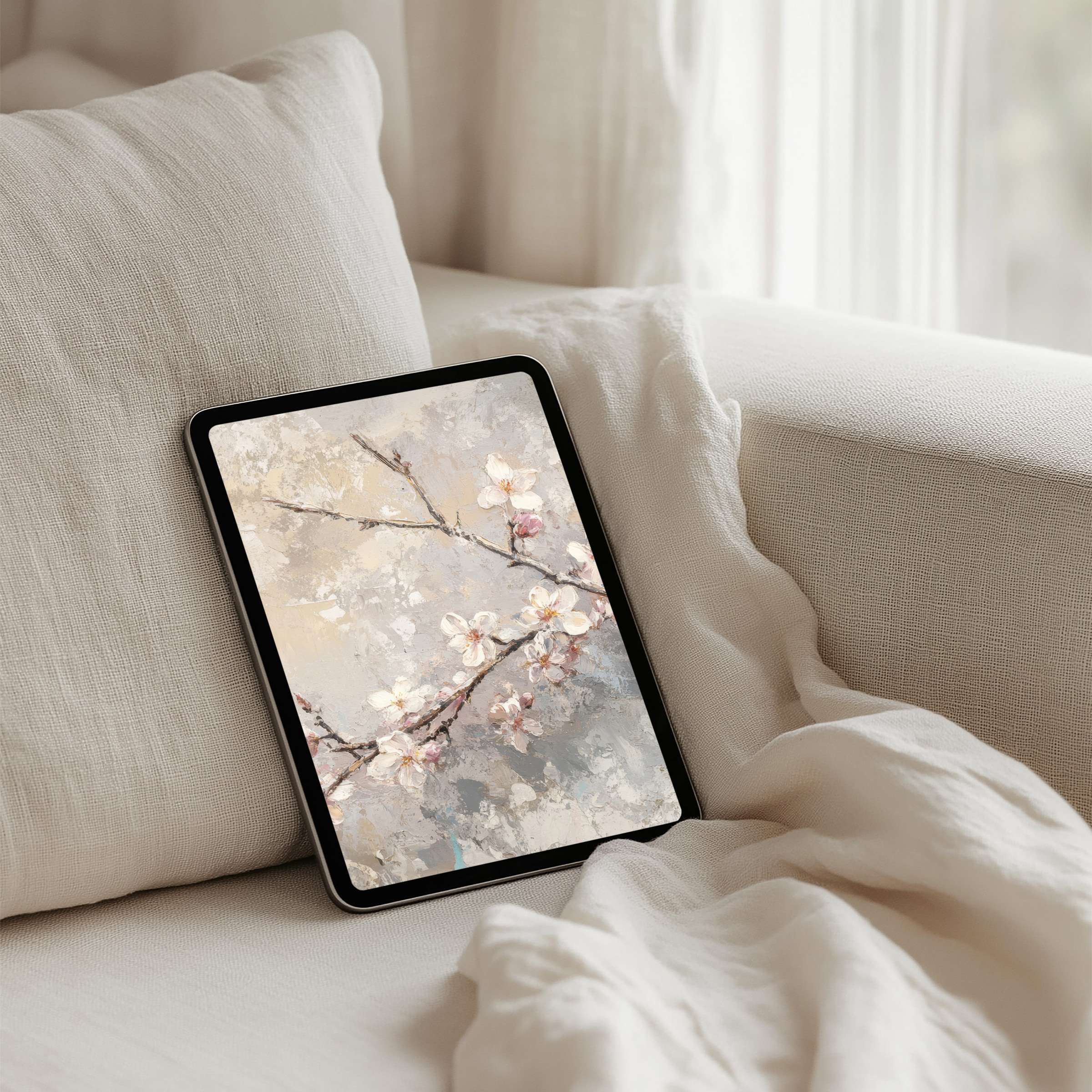 Elegant iPad background featuring serene cherry blossoms painted in soft hues for instant download on tablets offering mindfulness