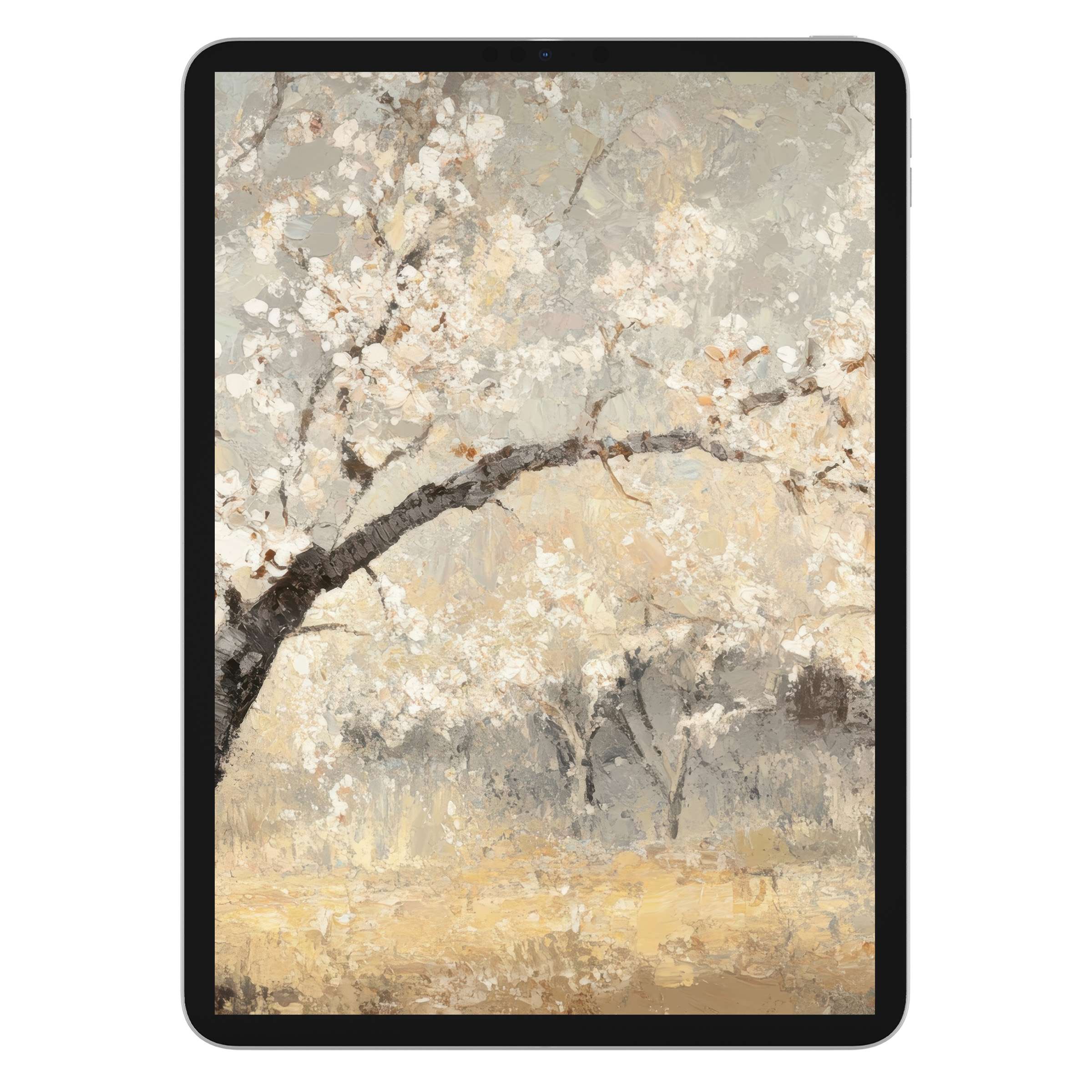 Elegant tree iPad wallpaper featuring serene blossoms in muted tones, perfect digital download for tablet backgrounds enhancing calm
