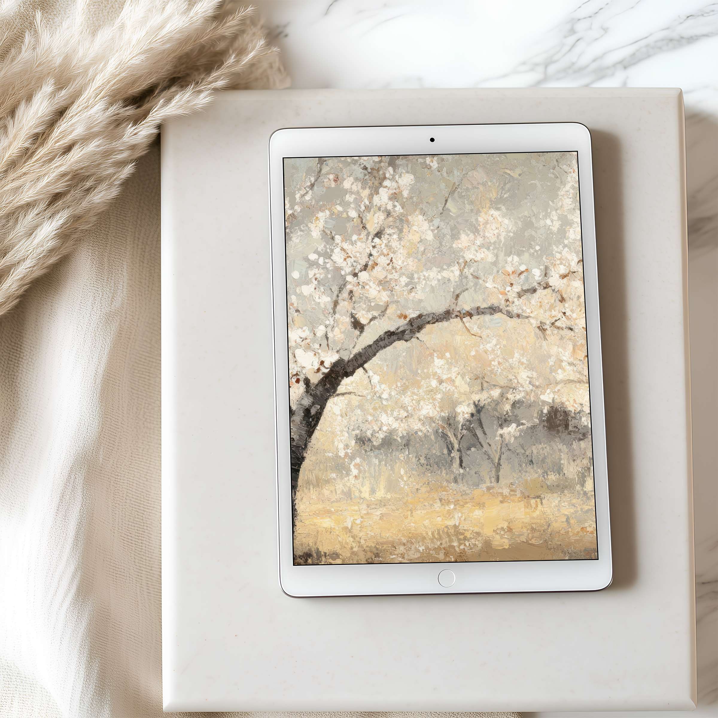Elegant tablet wallpaper featuring serene cherry blossom art, perfect for iPad and Android tablets, offers calming digital download charm