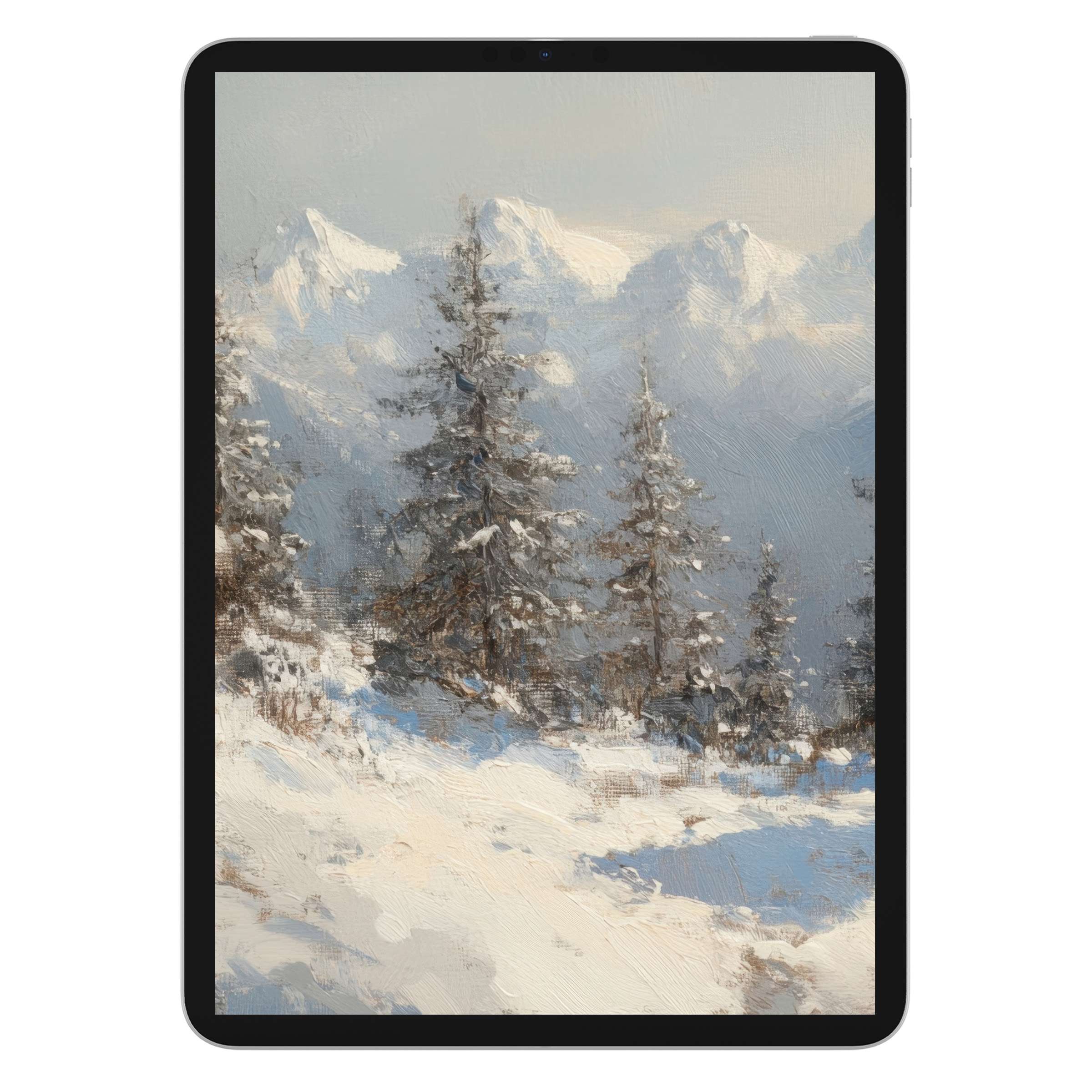 Snow-dusted pine forest painting evokes serenity in tree iPad wallpaper digital download, ideal background for tablets