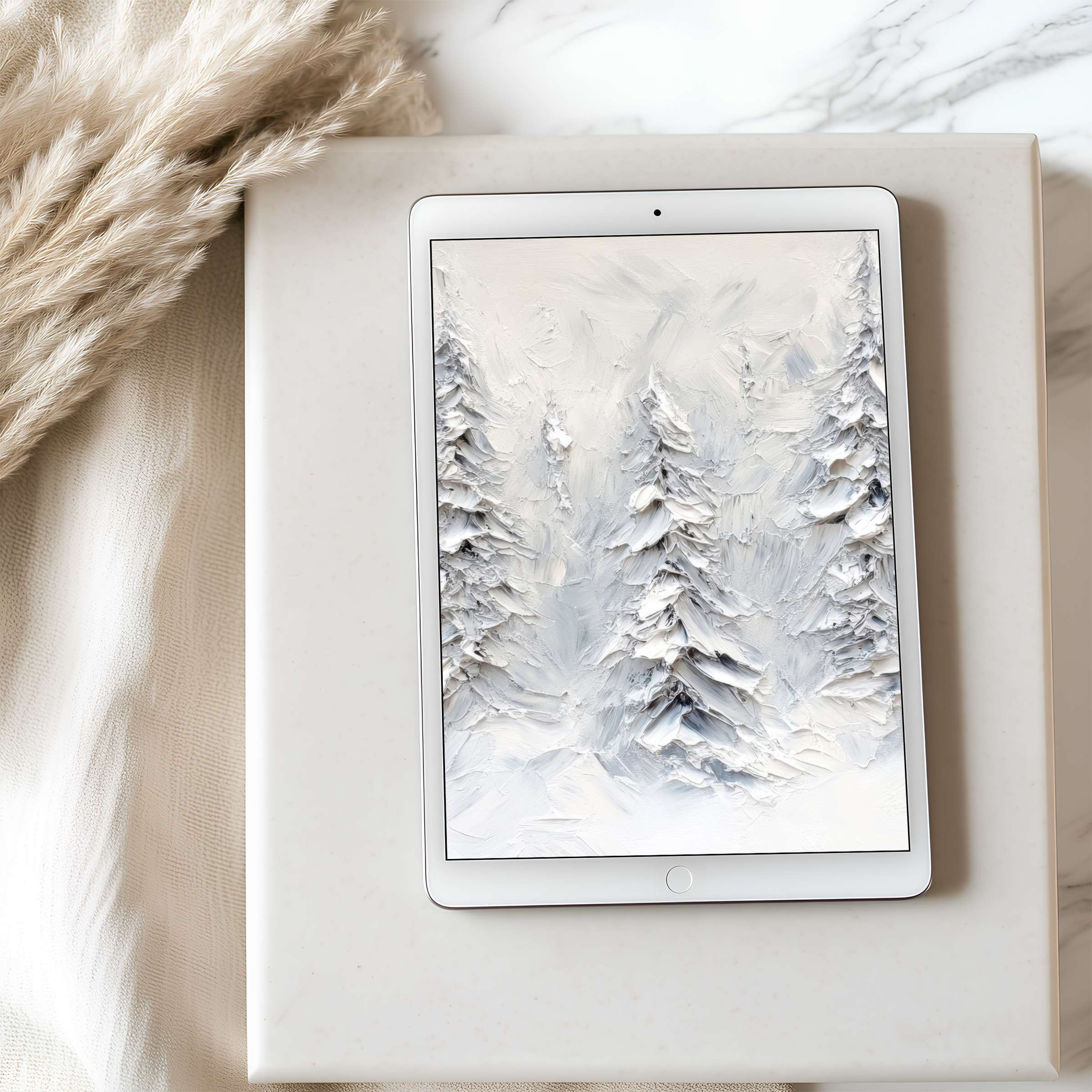 Serene winter forest tablet wallpaper, perfect for iPad or Android tablets, enhances calm with high resolution digital download charm