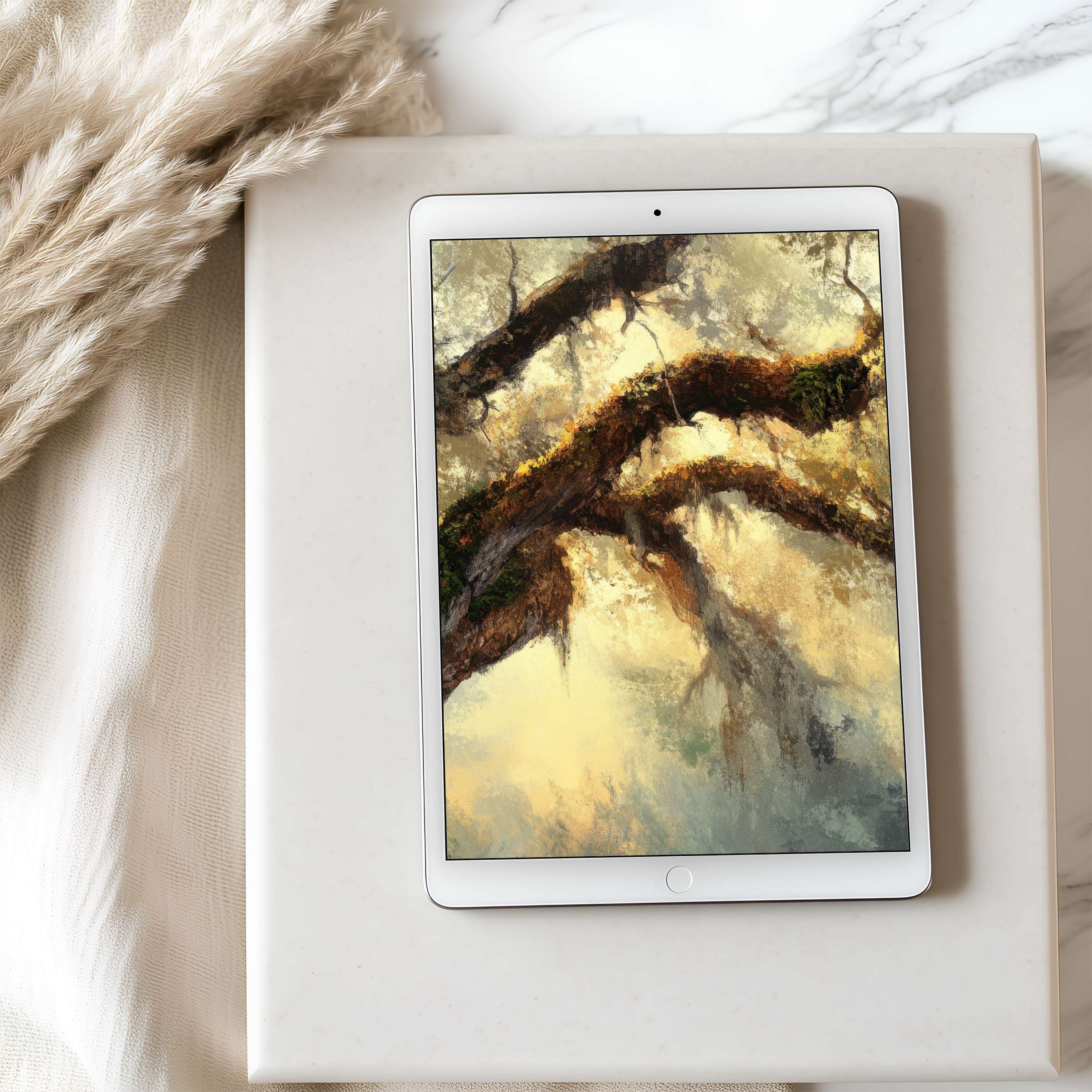 Tablet wallpaper featuring elegant, impressionistic forest art in calming earth tones, perfect for high-resolution iPad and digital download
