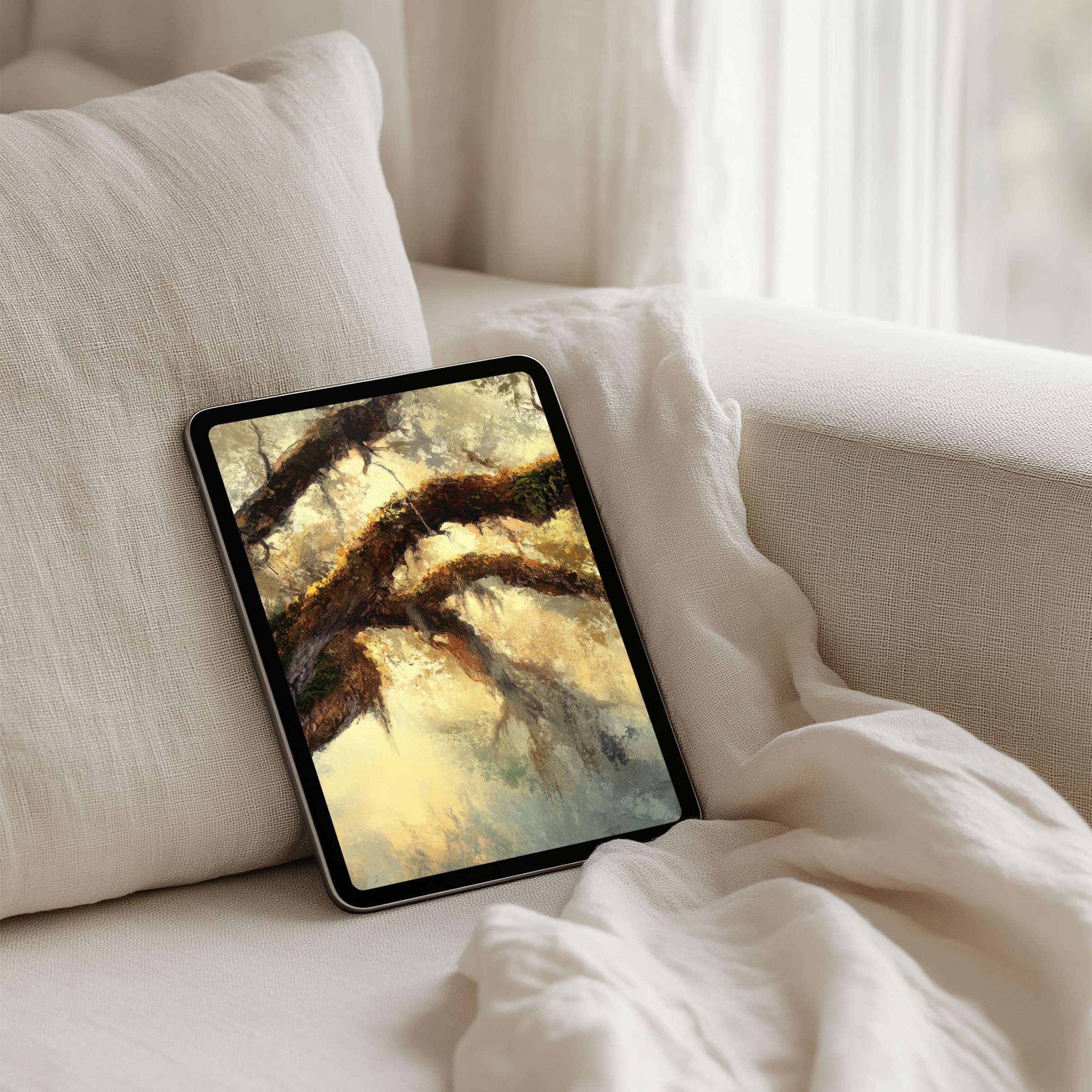 Elegant iPad background with serene earthy tones for instant download, enhancing mindfulness on any tablet including Samsung and Android