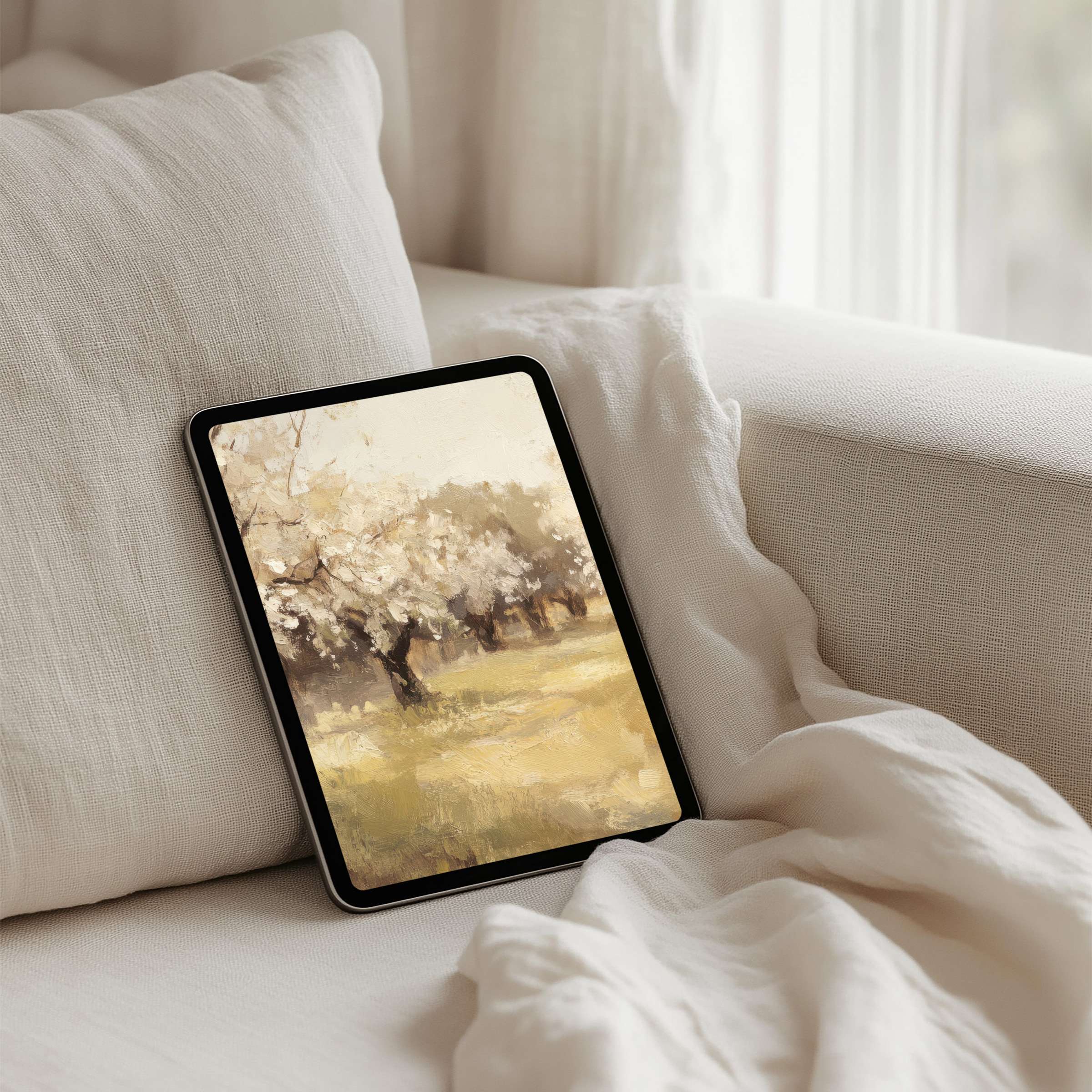 Elegant and calming iPad background with serene landscape painting, ideal for instant download on any tablet, enhancing mindfulness