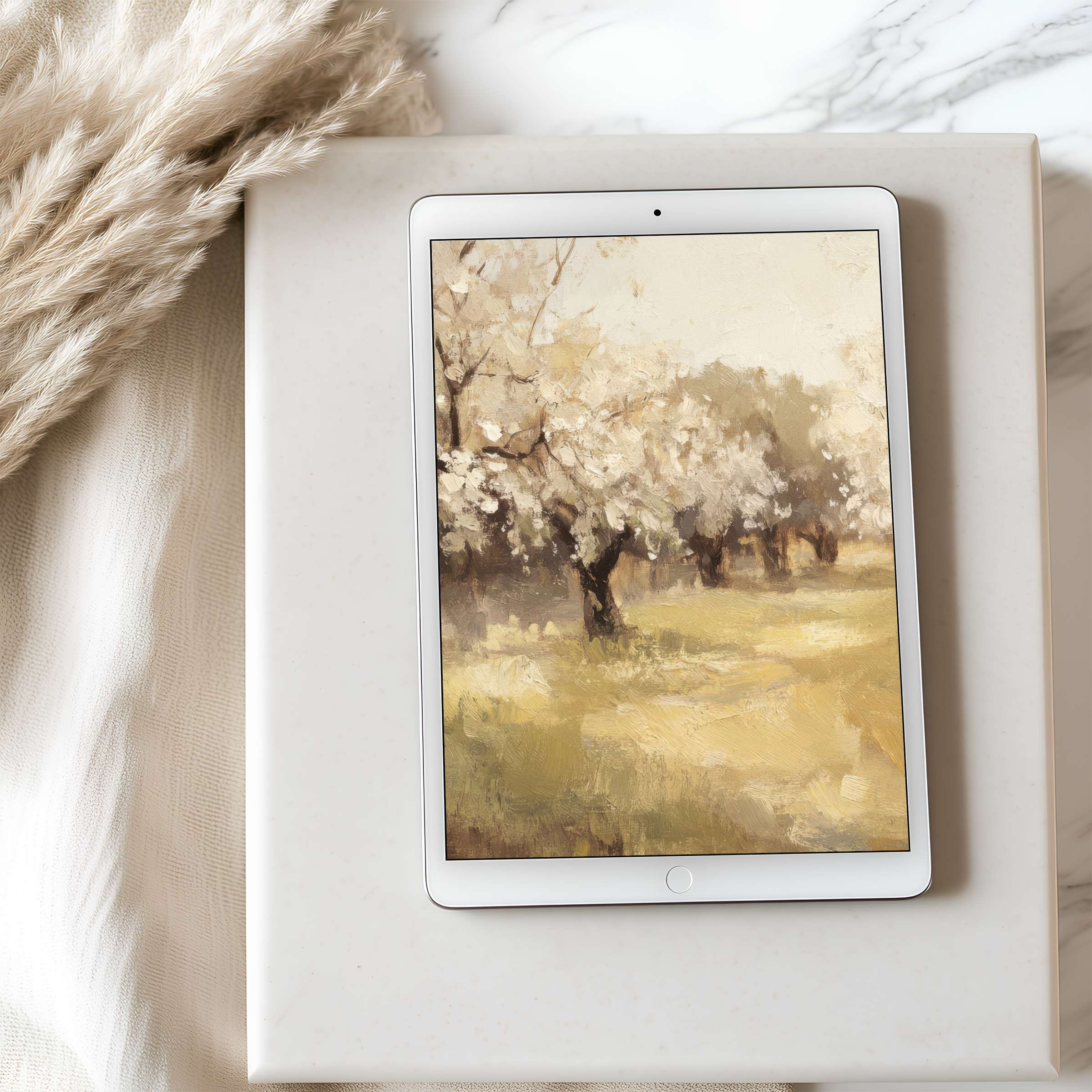 Elegant tablet wallpaper featuring a serene landscape with blooming trees, perfect for iPad; high resolution digital download