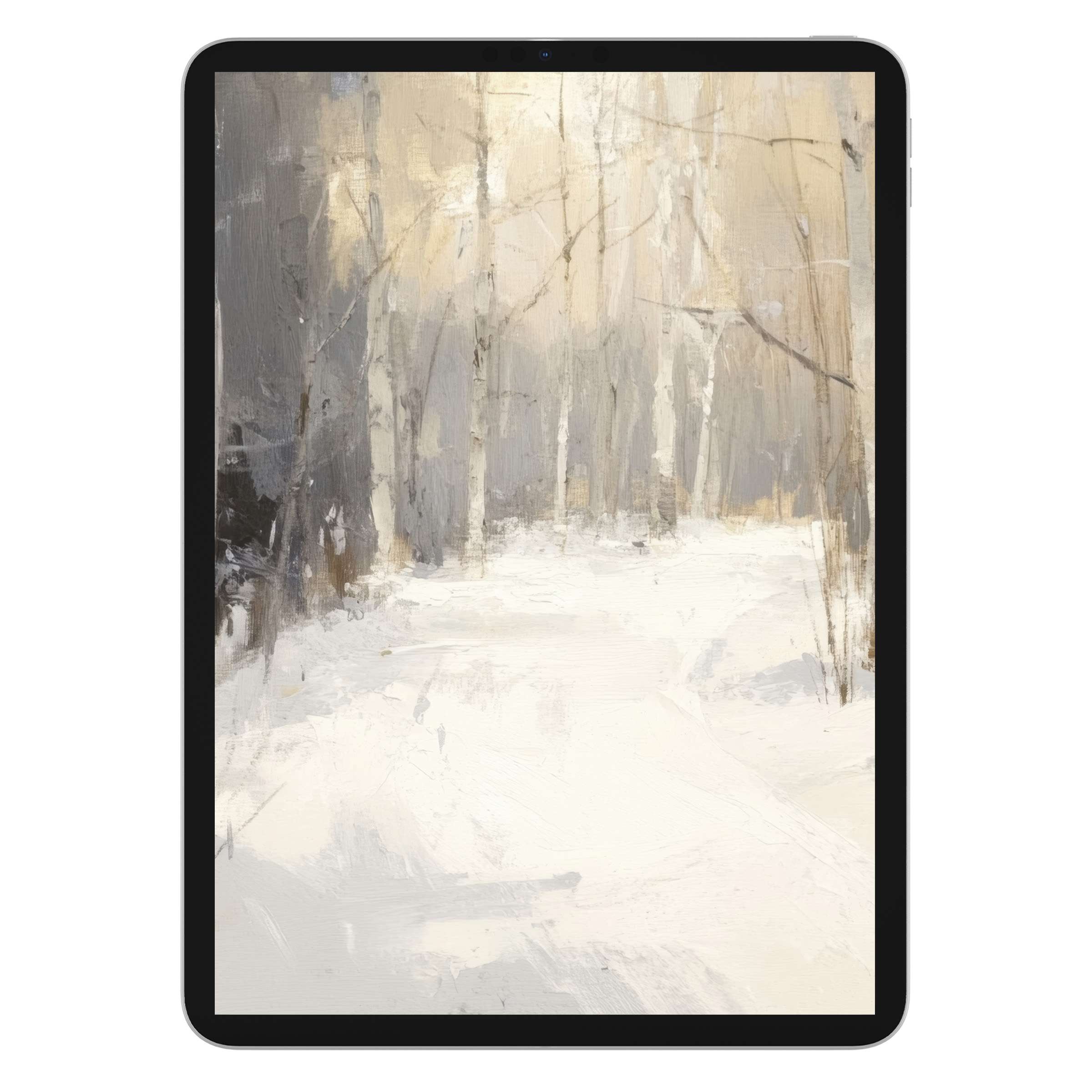 Elegant winter forest scene as tree iPad wallpaper offers serene digital download for a calming background on tablets
