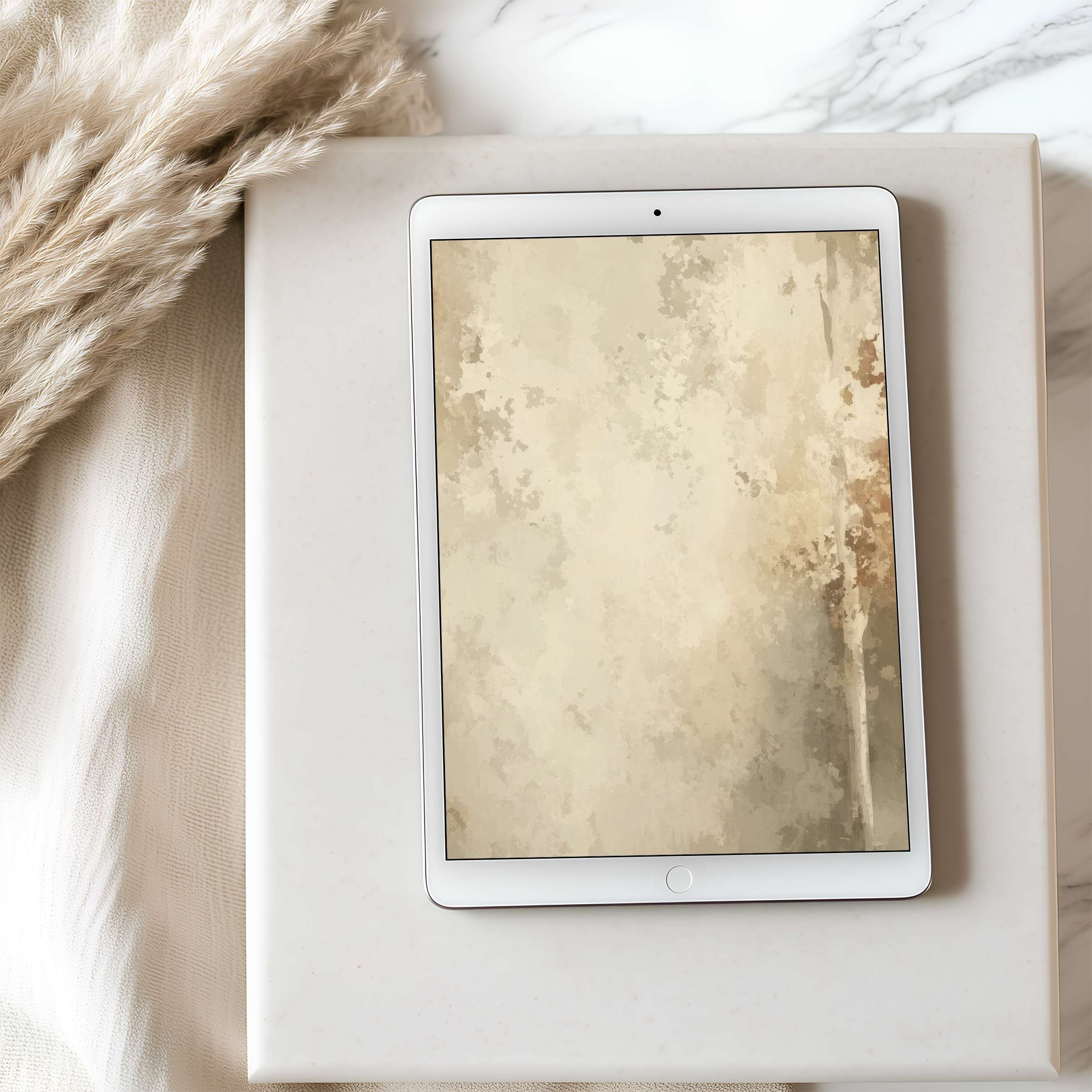 Elegant beige abstract high resolution tablet wallpaper in a serene setting with pampas grass, ideal for iPad or Android download