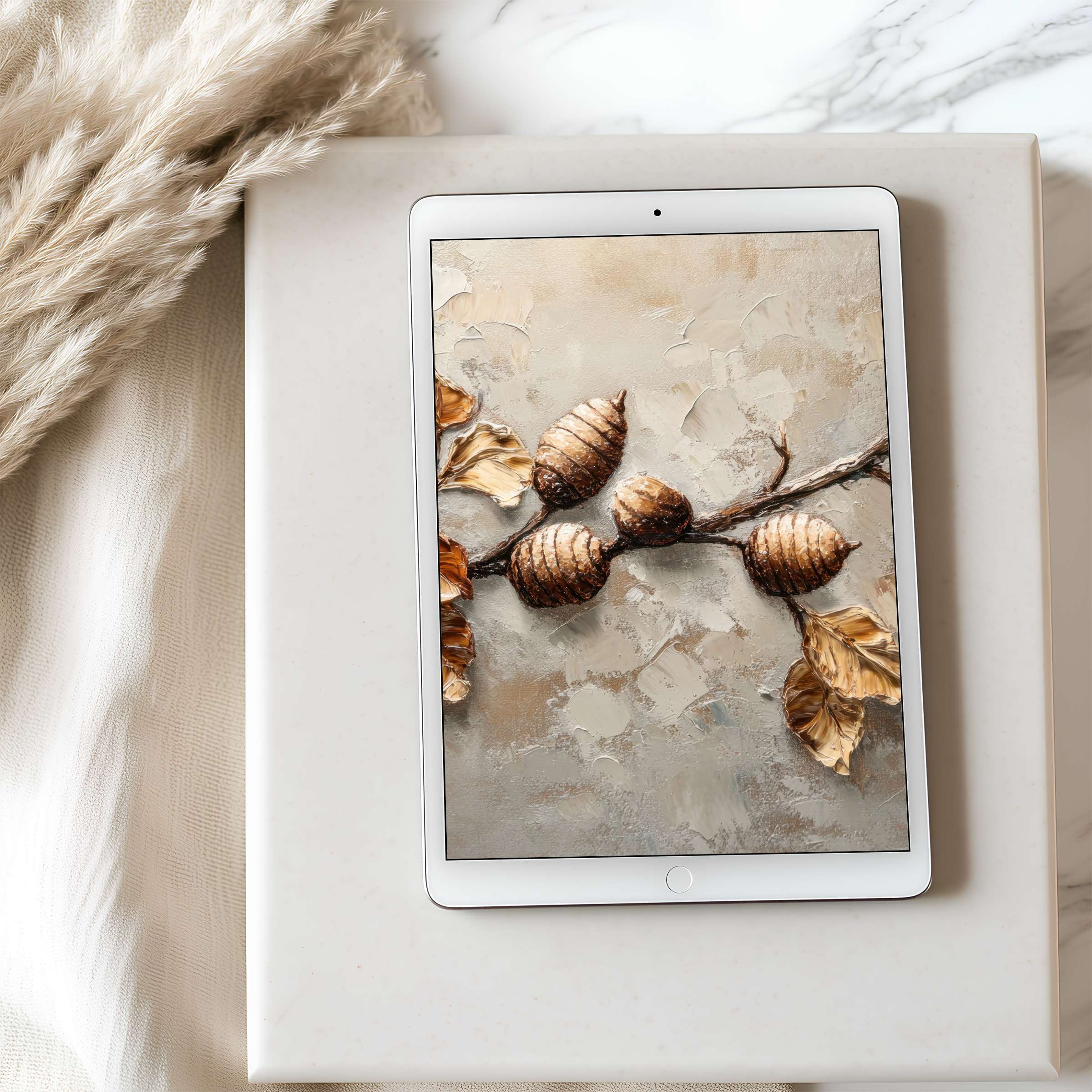 Elegant tablet wallpaper featuring a textured branch and leaves, ideal for iPad and Android digital download, enhancing serene aesthetics