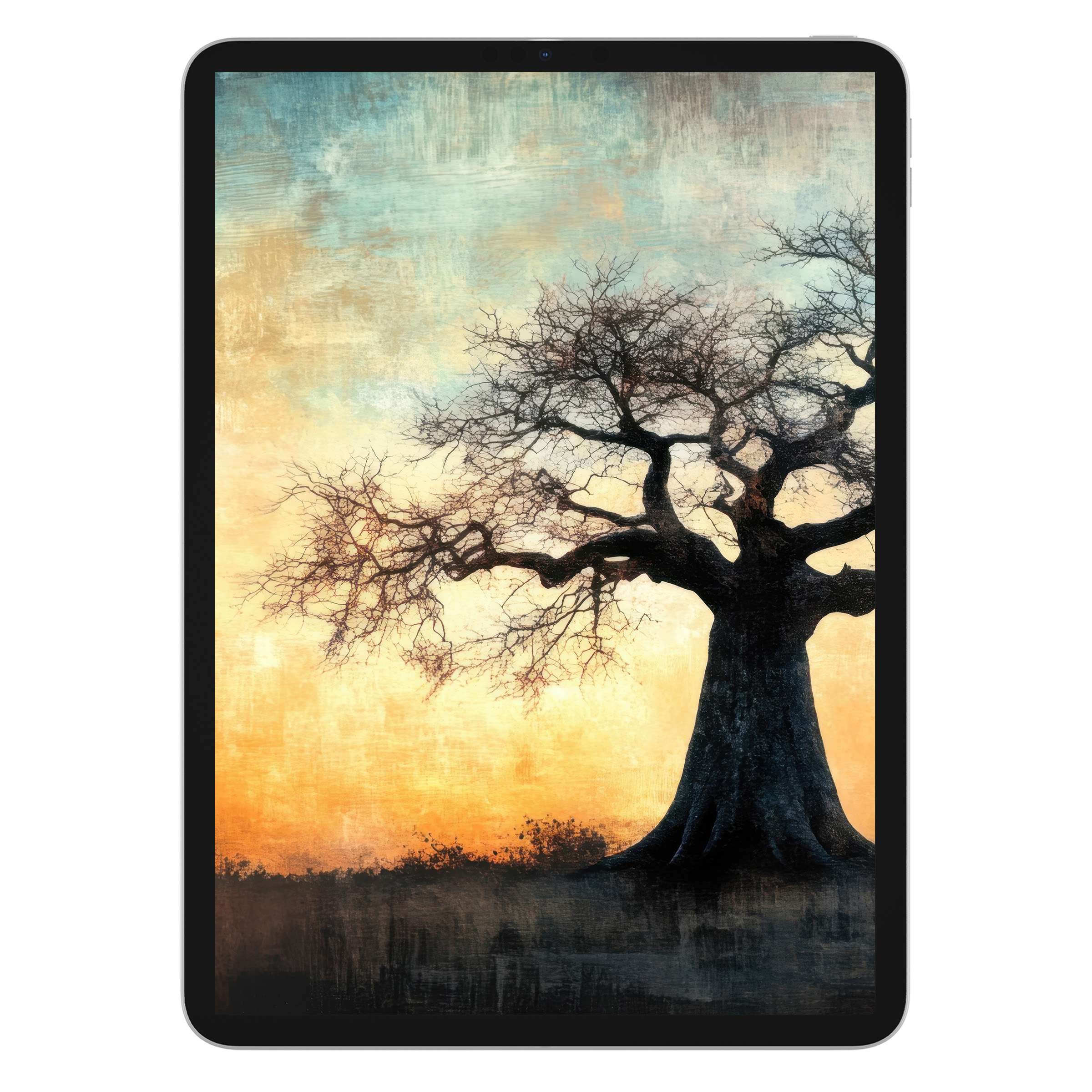Elegant tree iPad wallpaper with serene sunset, perfect tablet background for design-conscious users seeking calm digital downloads