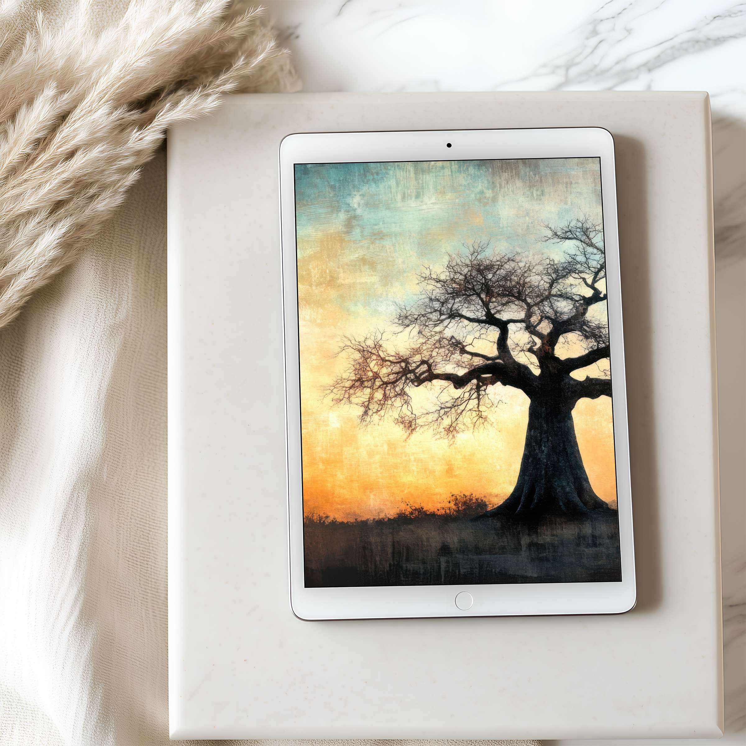Elegant tablet wallpaper showcasing a serene tree silhouette against a warm sunset background, perfect for iPad and Android devices, digital download